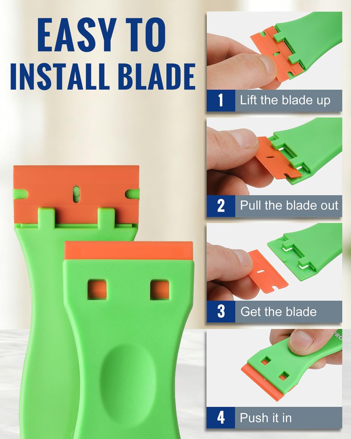 Plastic razor scraper with orange blade housing showing blade installation with green blade