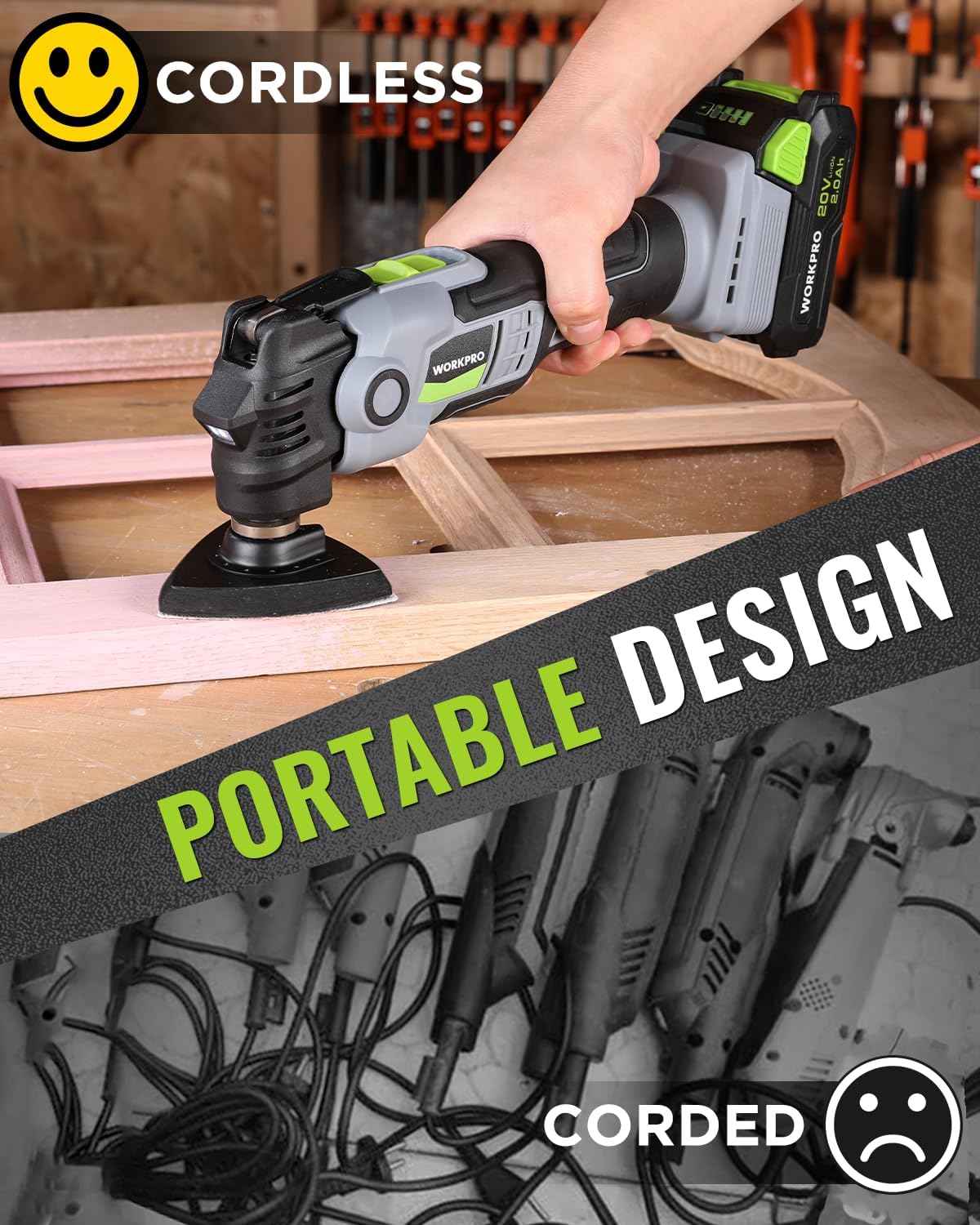 Cordless oscillating multi tool held in hand on wood with visible battery pack