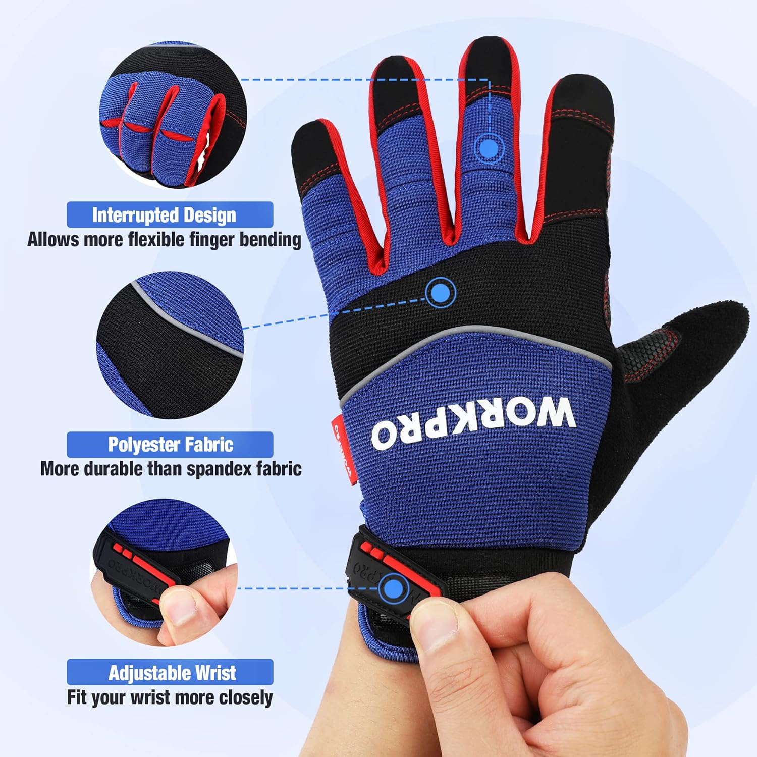 Safety work gloves with flexible finger bend and adjustable wrist strap, blue/black/red