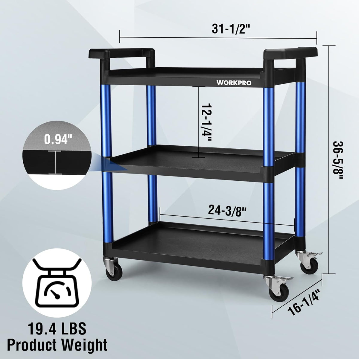 3-tier utility cart with blue legs, black shelves, and caster wheels