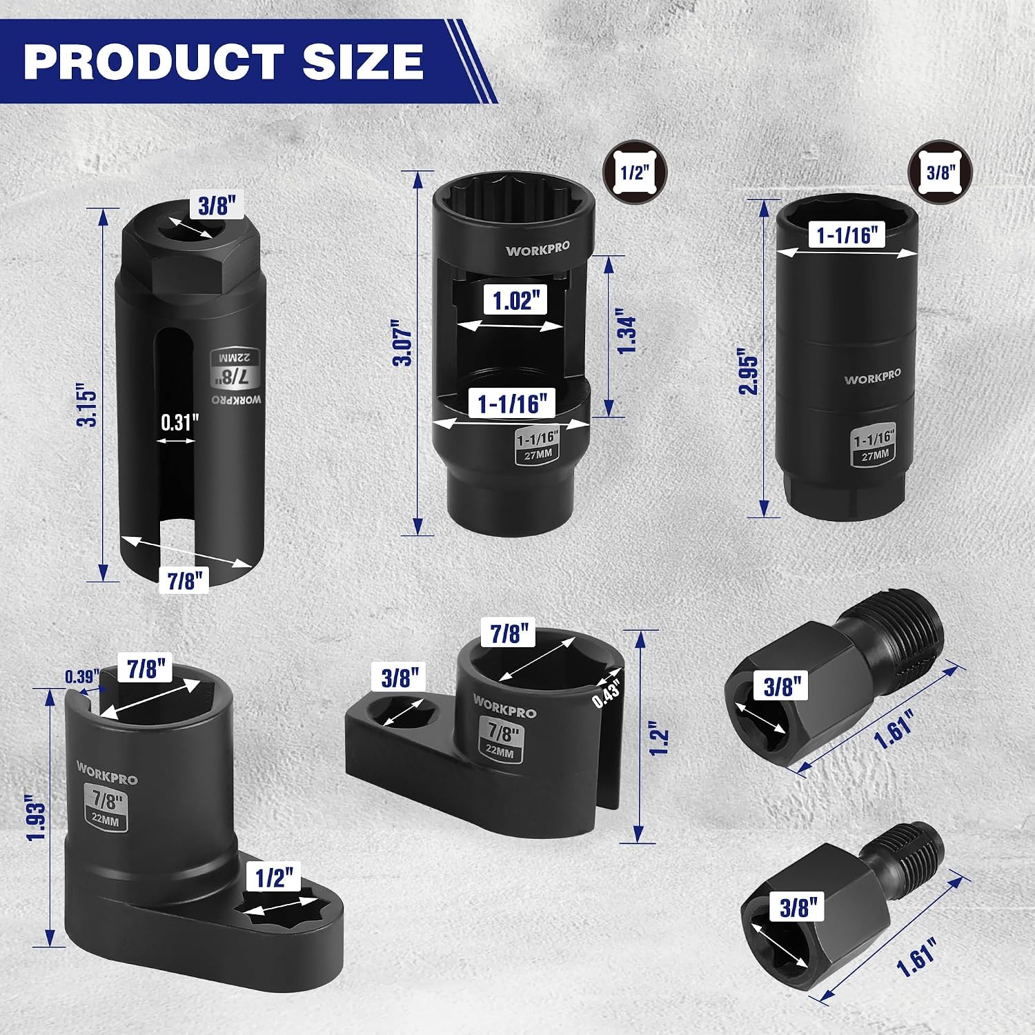 Black oxygen sensor sockets and adapters set for 1/2in and 3/8in drive tools