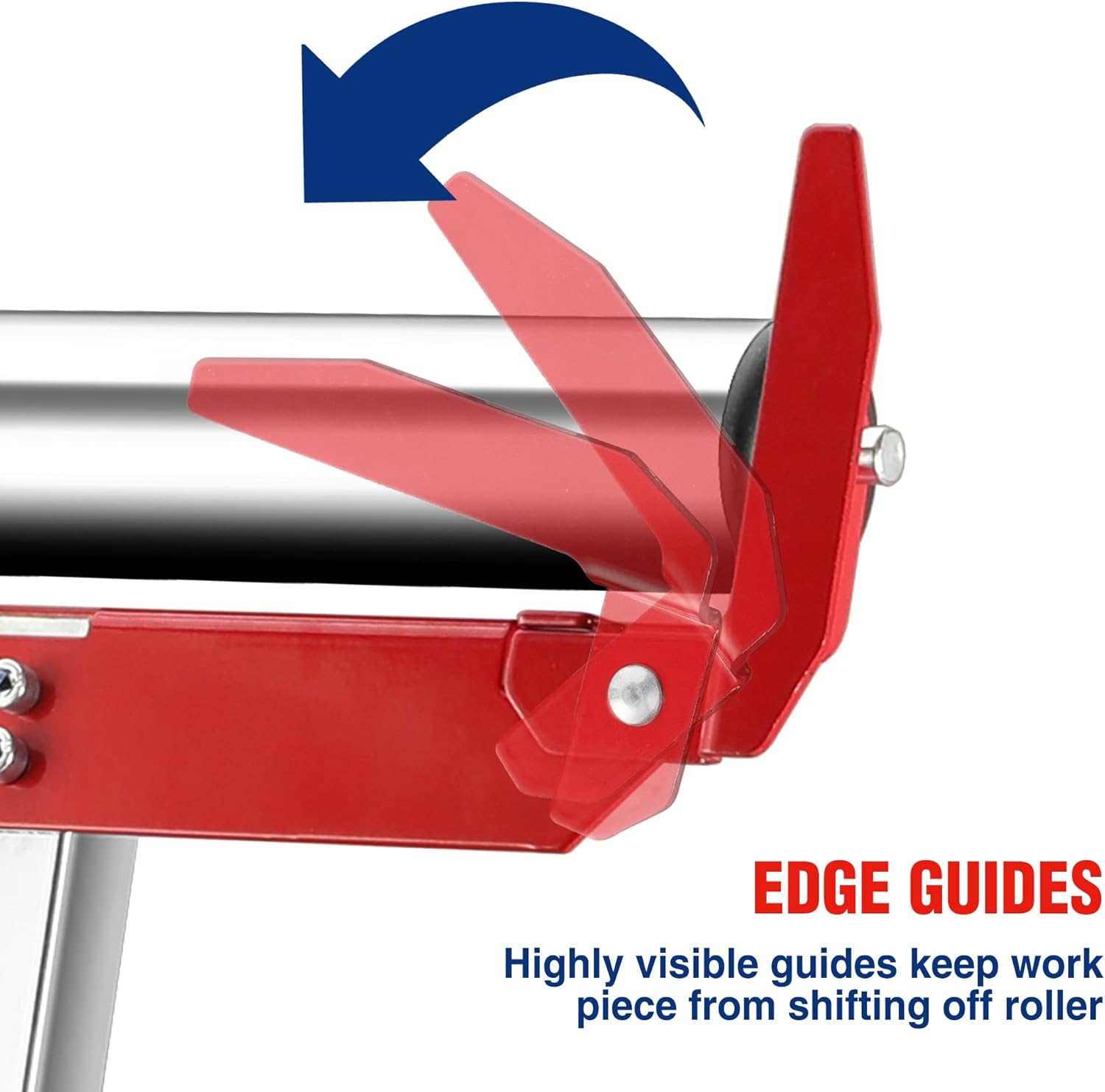 Red woodworking roller stand edge guides on steel frame with upright support handle