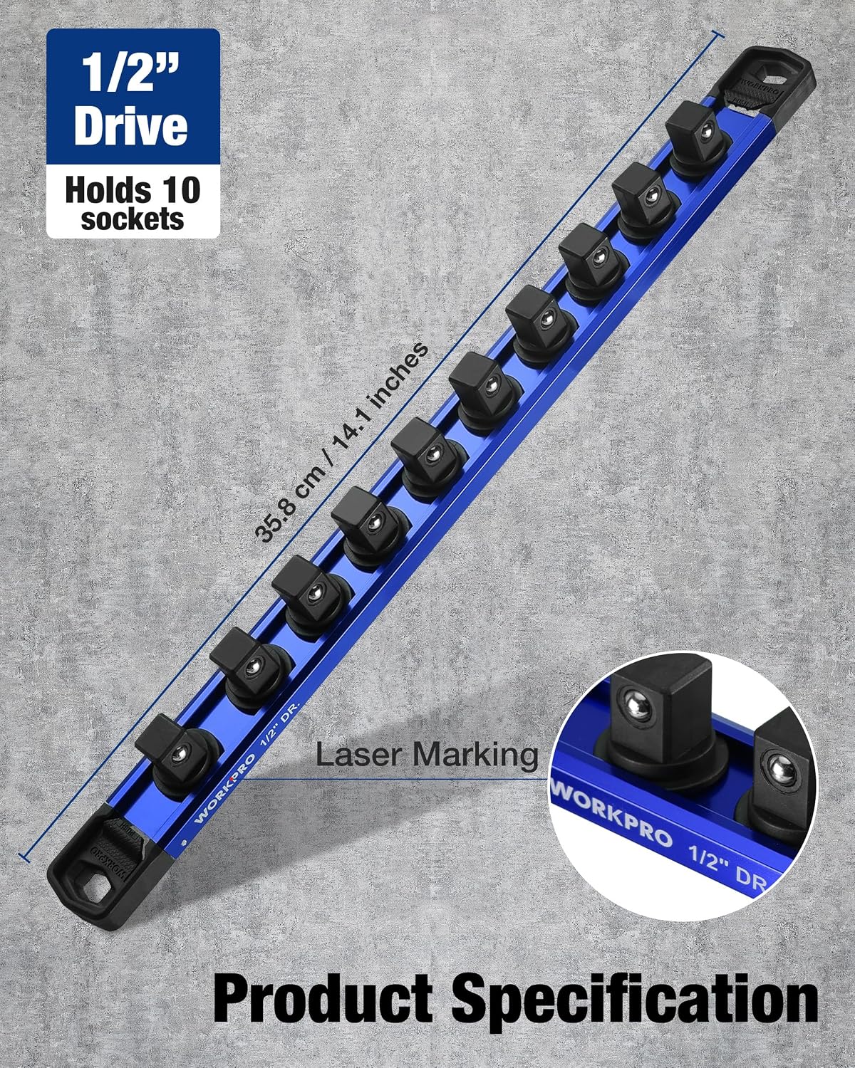 Blue 1/2 in drive socket organizer rail for 10 sockets with laser markings
