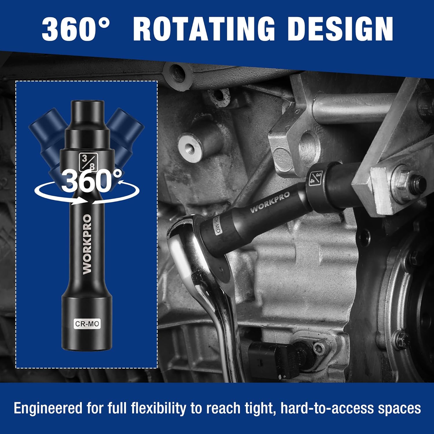 360° rotating driveline socket for reaching tight automotive spaces