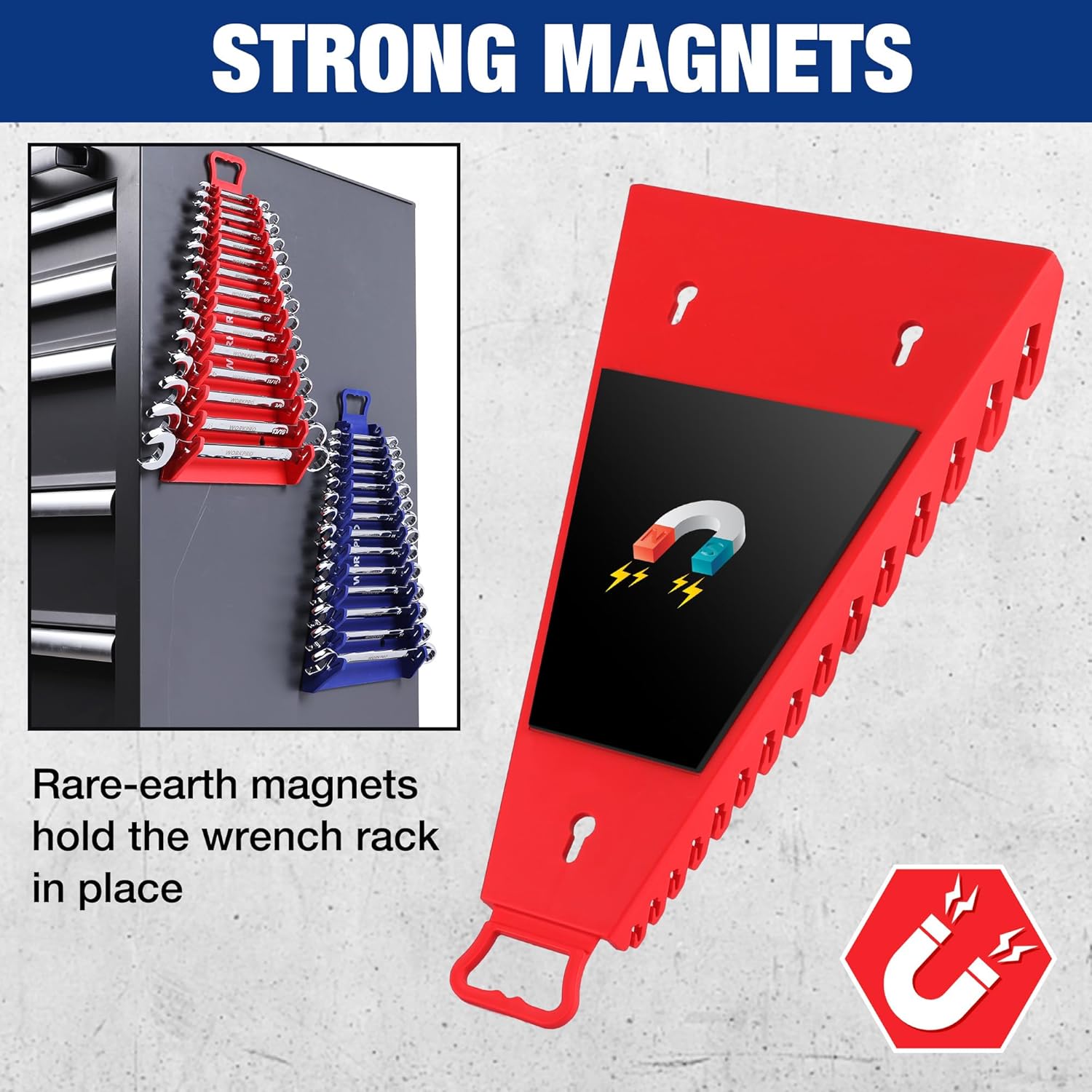 Red magnetic wrench holder rack with flexible gripper teeth and mounting holes
