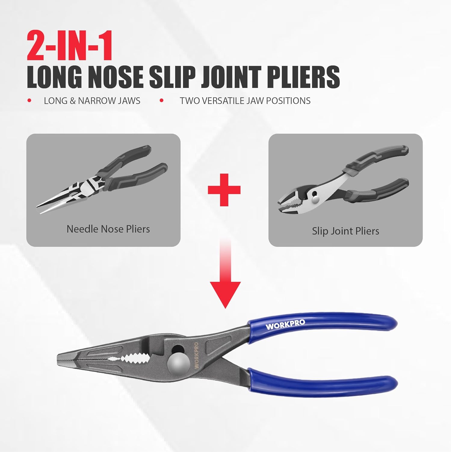 Long nose slip joint pliers with blue handles, needle-style tips and adjustable jaws