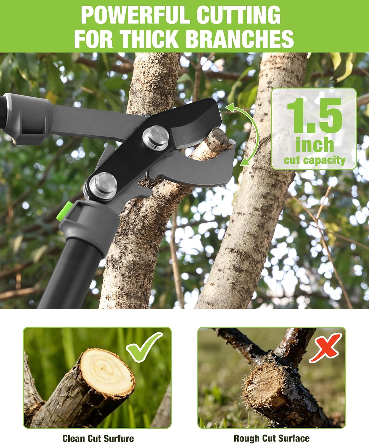 Extendable bypass lopper cutting thick branch; gray blades with black frame and lime grips