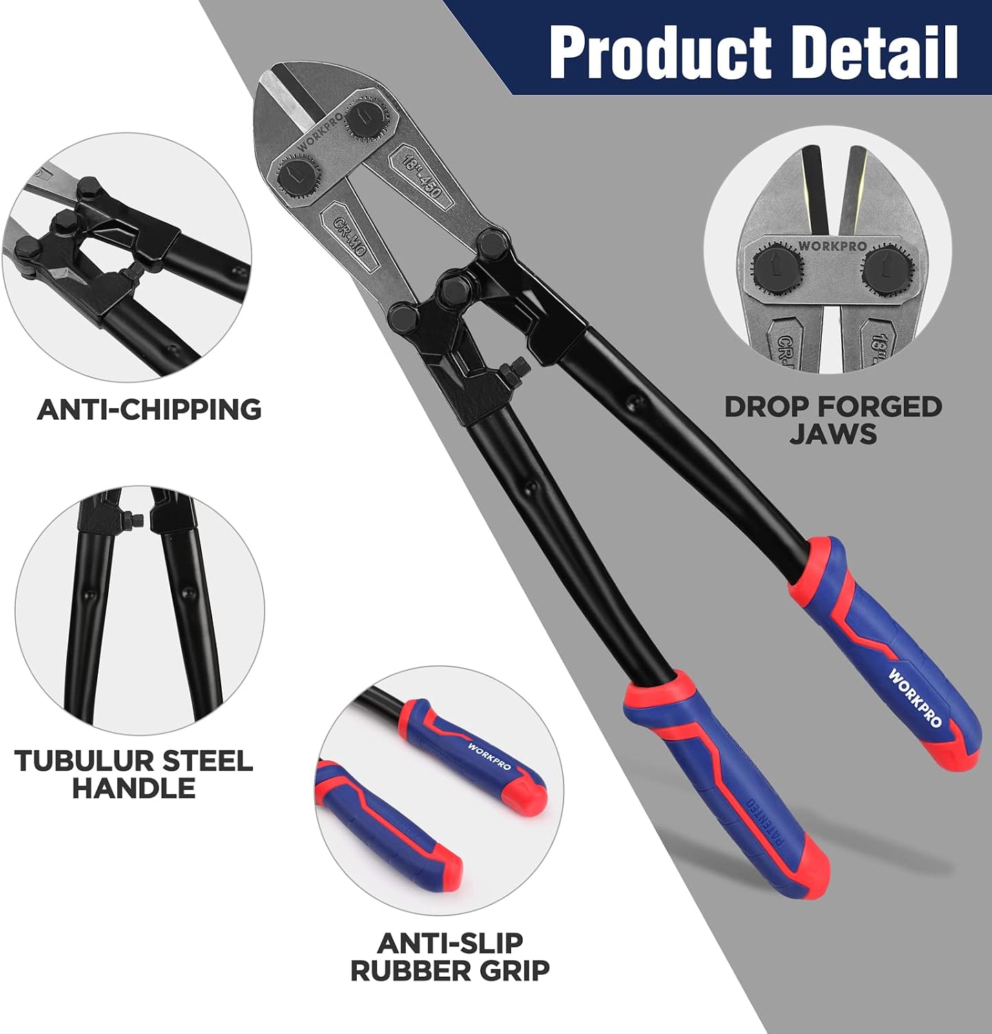WORKPRO 18" Bolt Cutter, Chrome Molybdenum Steel Blade, Heavy Duty Bolt Cutter with Soft Rubber Grip, Cutting Tool for Cut Chain, Wire, Screw, Rivet, Black,blue,red