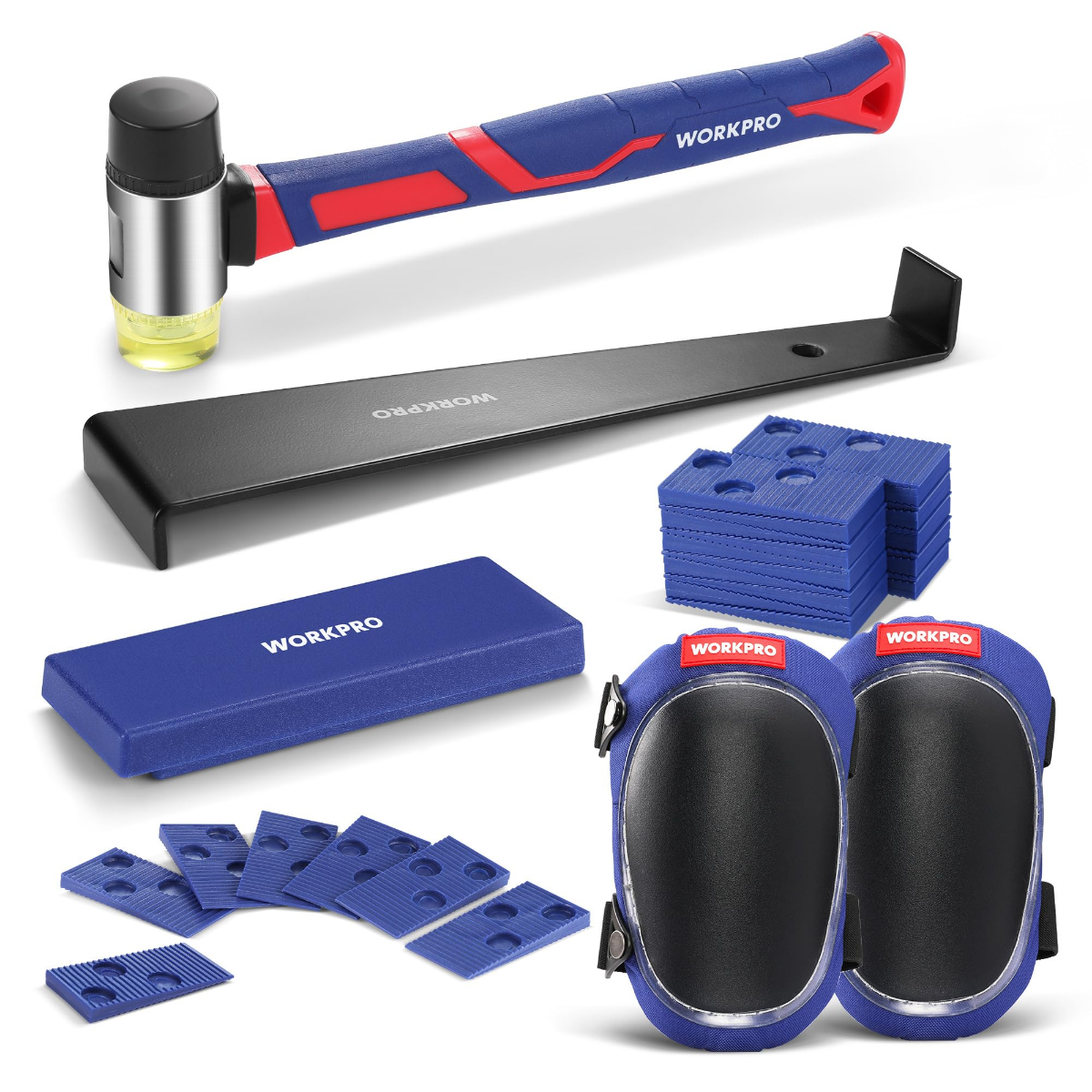 Laminate flooring pull bar, knee pads, and blue protective spacers kit