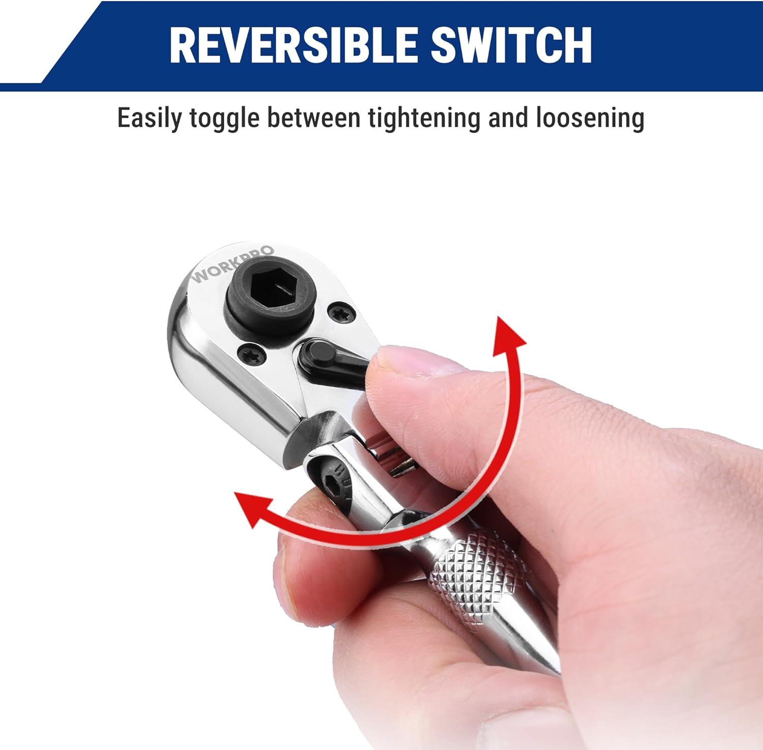 Reversible 1/4 in ratchet with switch on head for tightening and loosening