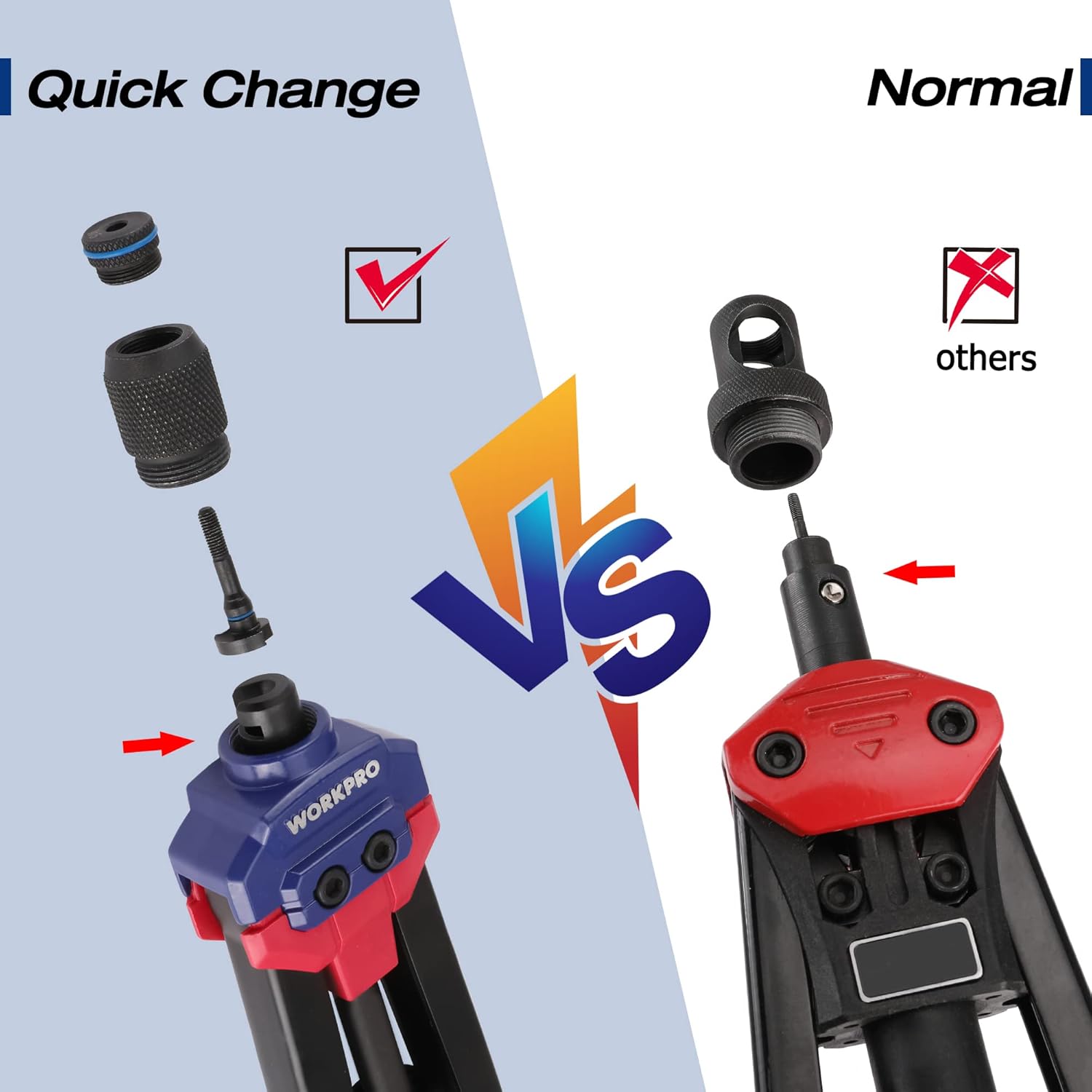 Red-and-blue rivet nut tool head with interchangeable mandrels, quick-change view