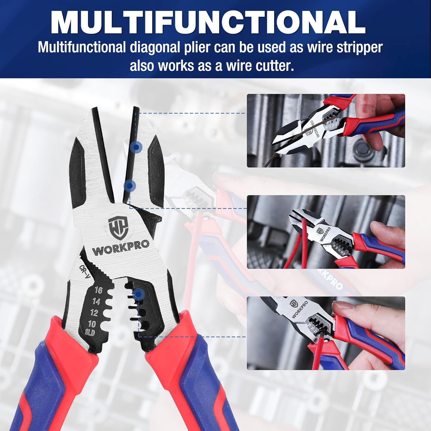 WORKPRO 2-in-1 diagonal pliers with wire stripper jaws and cutter tips