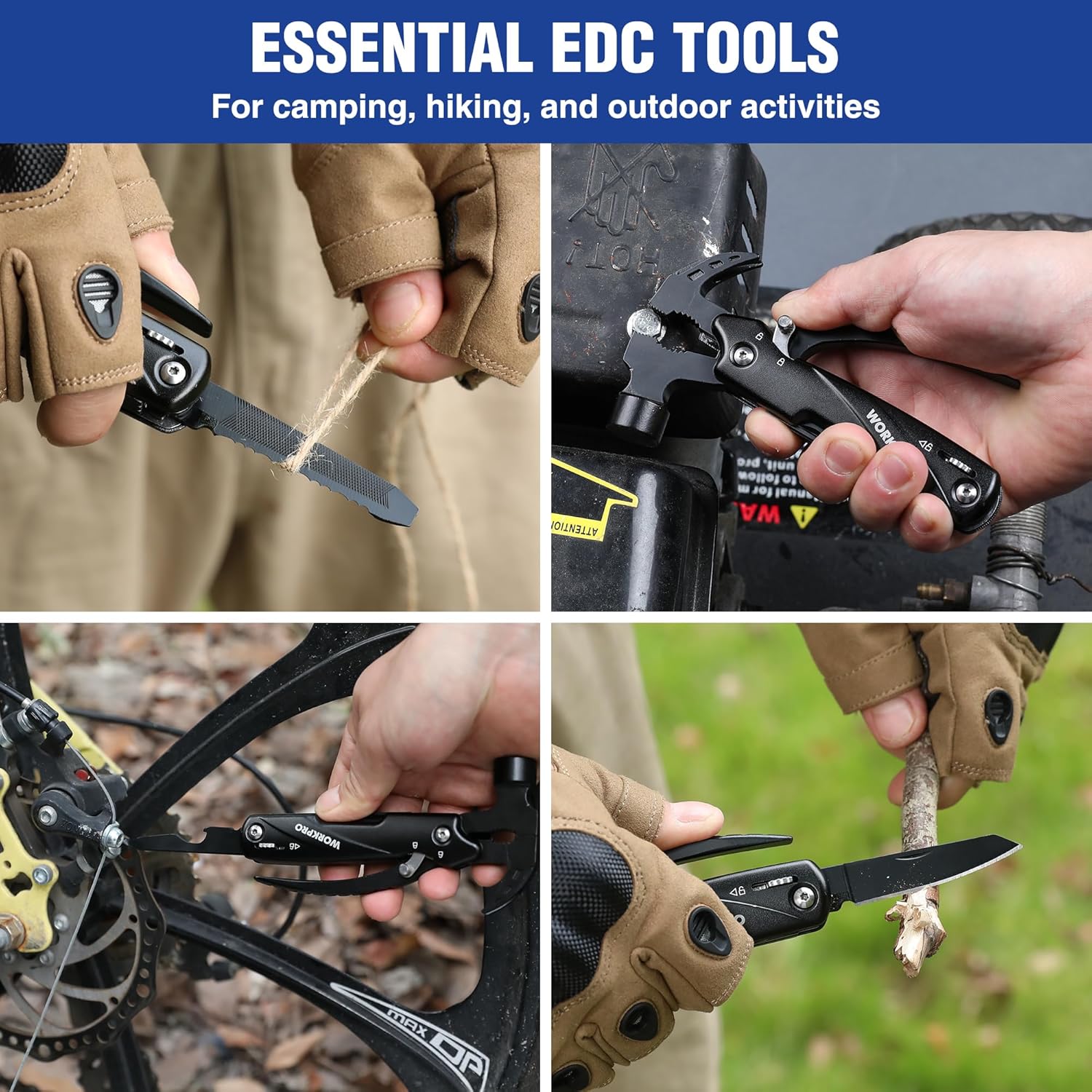 Black 12-in-1 multitool with blade in use near outdoor gear