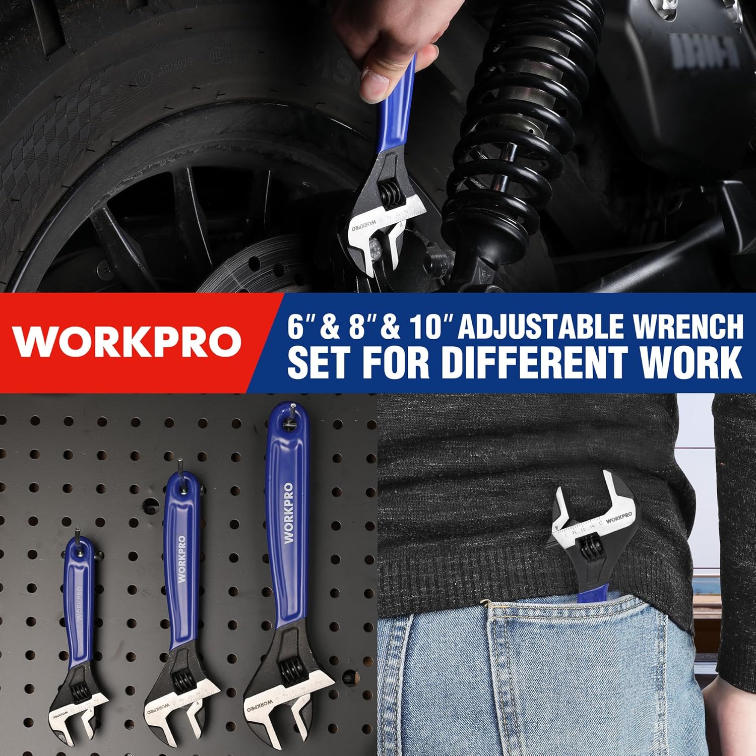 Adjustable wrench set with blue handles; wrench gripping a bolt