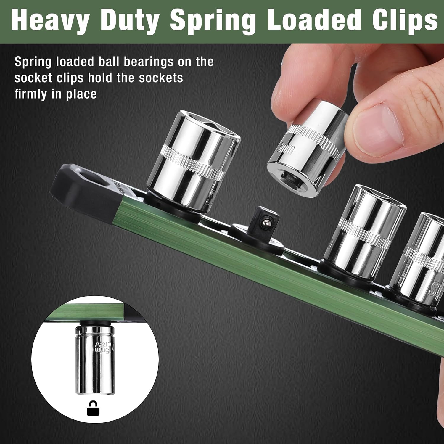Green magnetic socket organizer rail with spring-loaded black clips holding chrome sockets