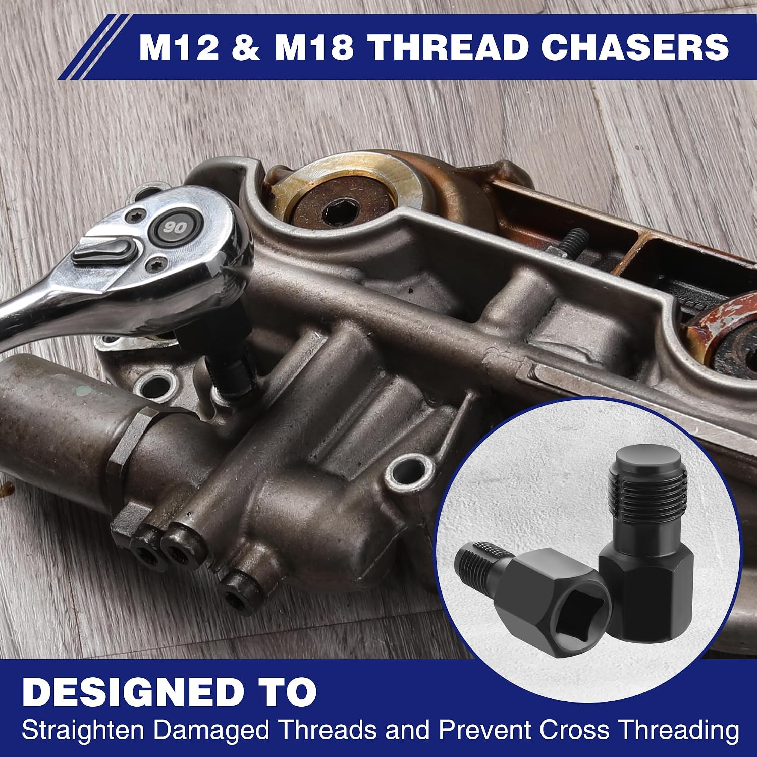 M12 and M18 thread chasers with drive handle for repairing oxygen sensor threads