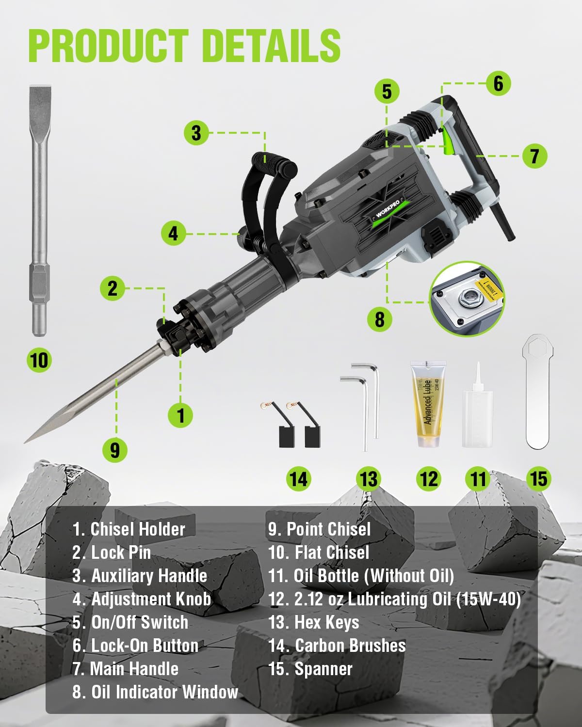Demolition jackhammer labeled parts diagram with chisel holder and oil indicator window