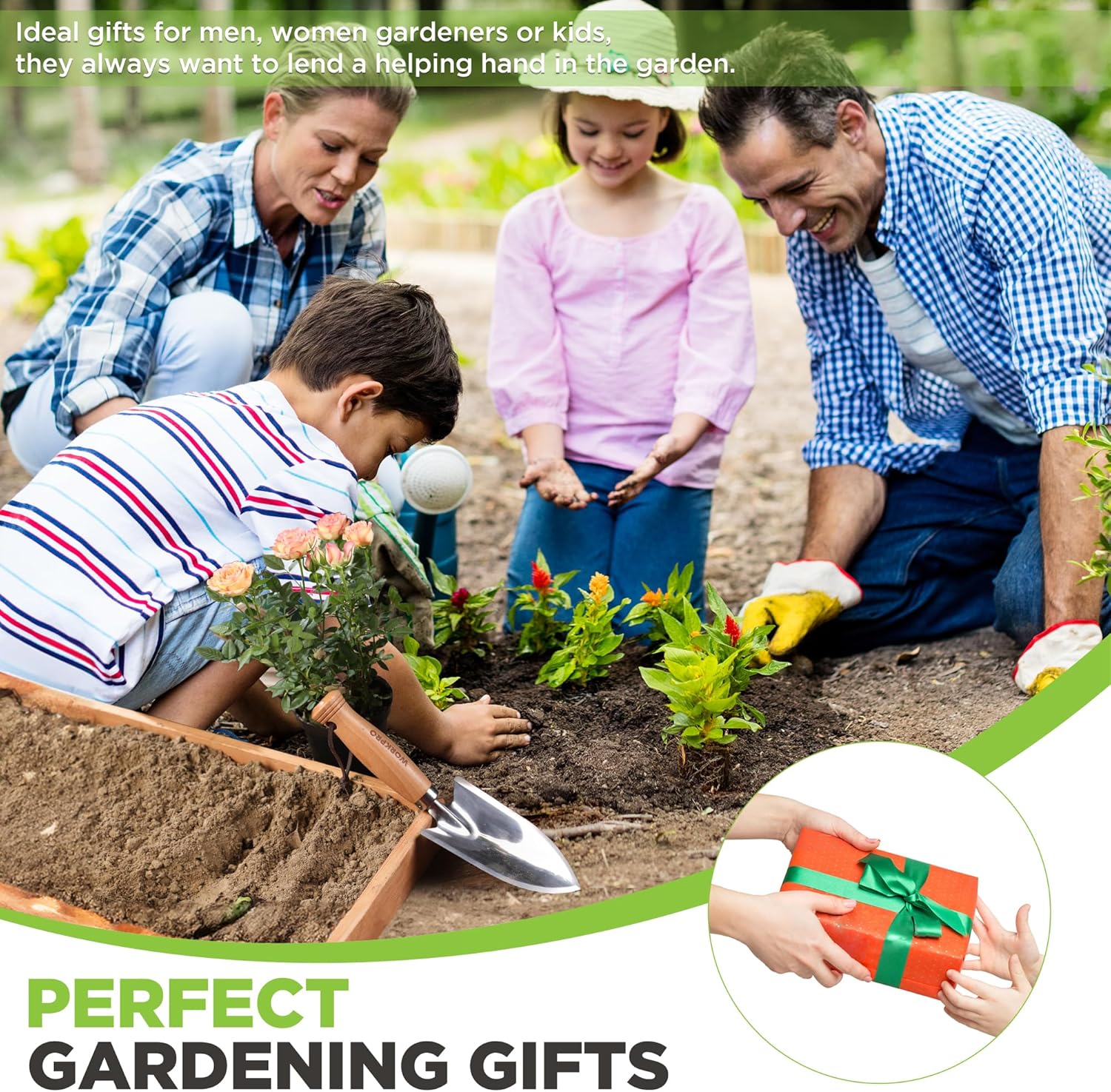Garden hand trowel with stainless steel blade and wooden handle shown as a gardening gift