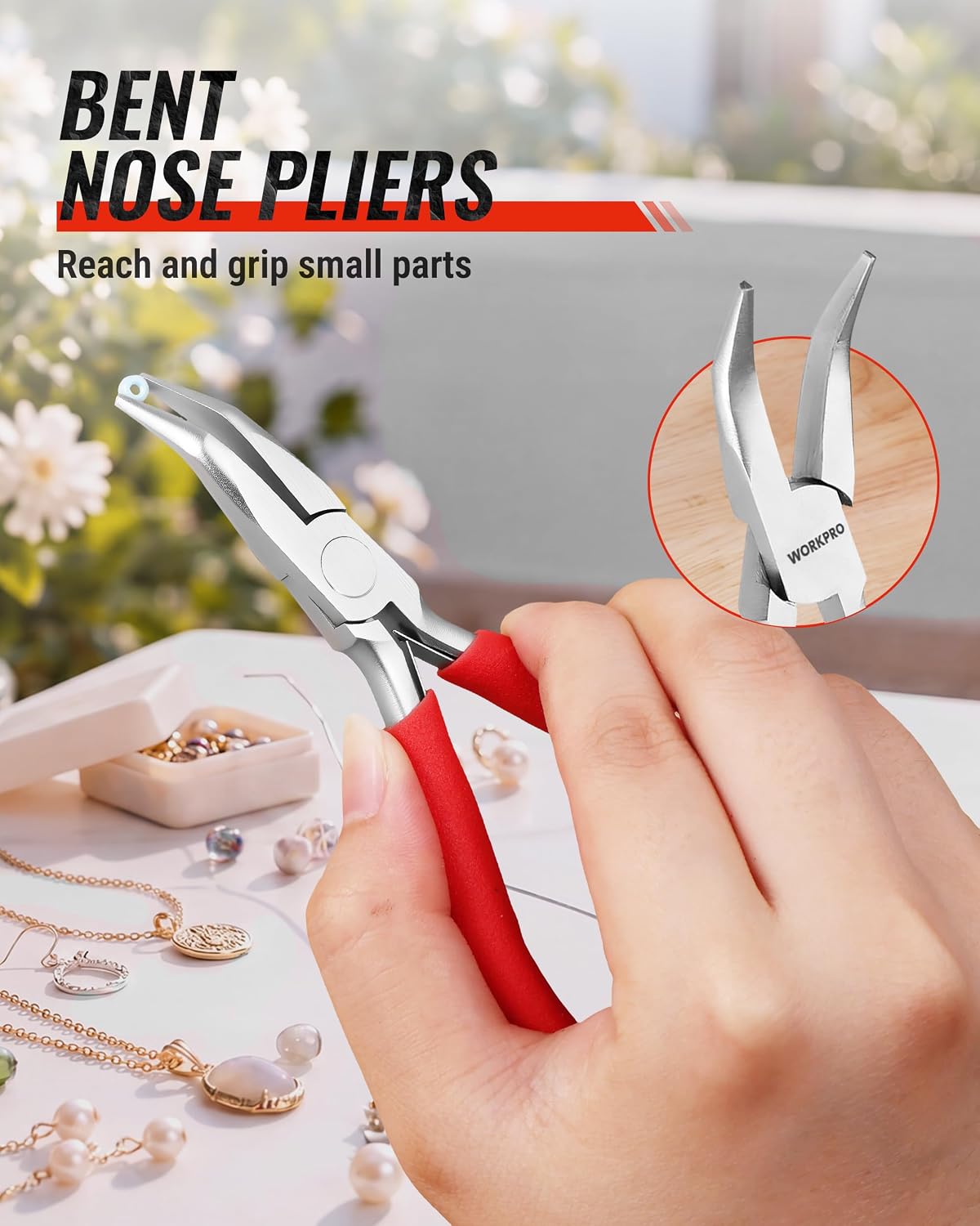 WORKPRO jewelry pliers set with red insulated handles, 7-piece kit with pouch, shown gripping small jewelry parts