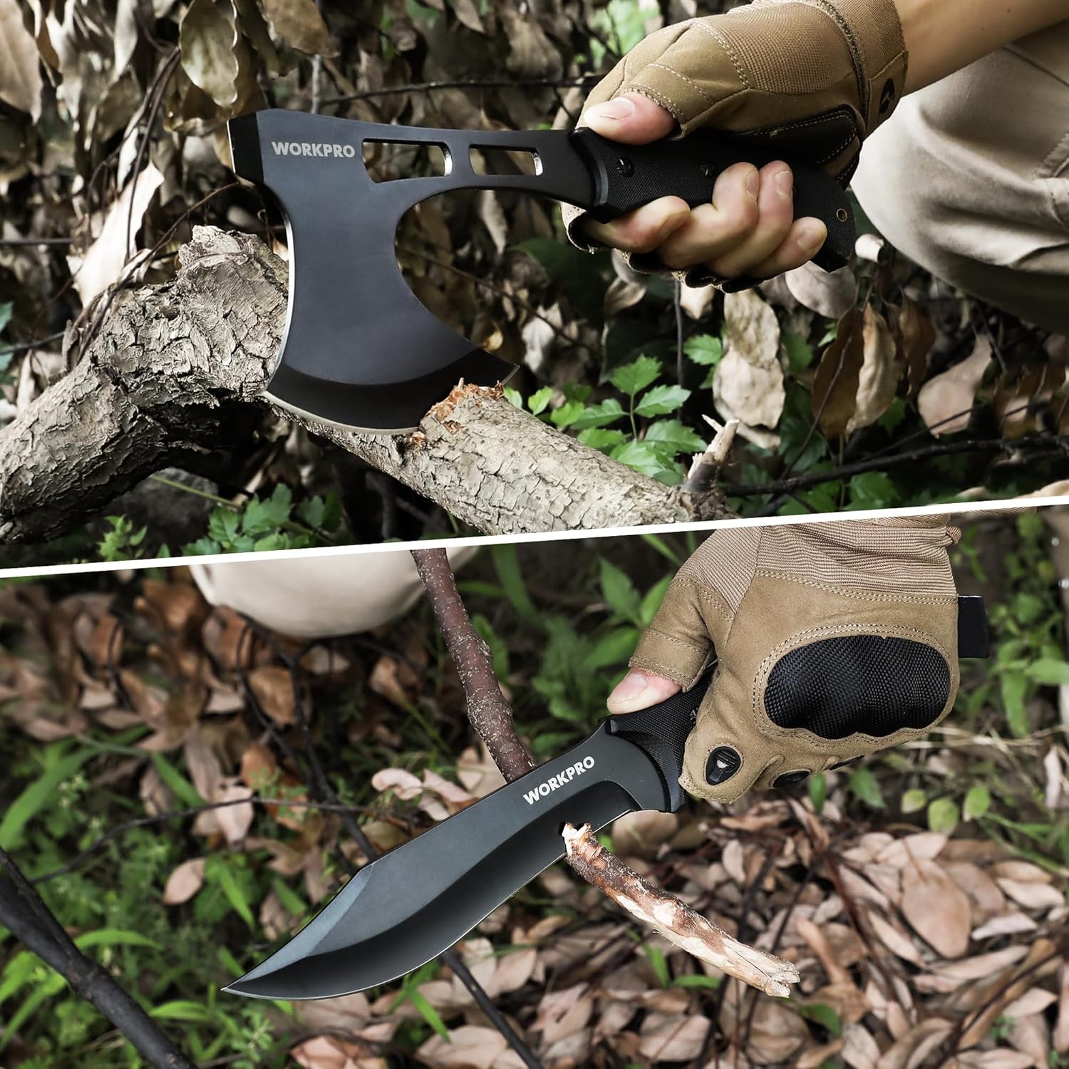 Outdoor-held fixed blade knife and hatchet axe for chopping, with black blades