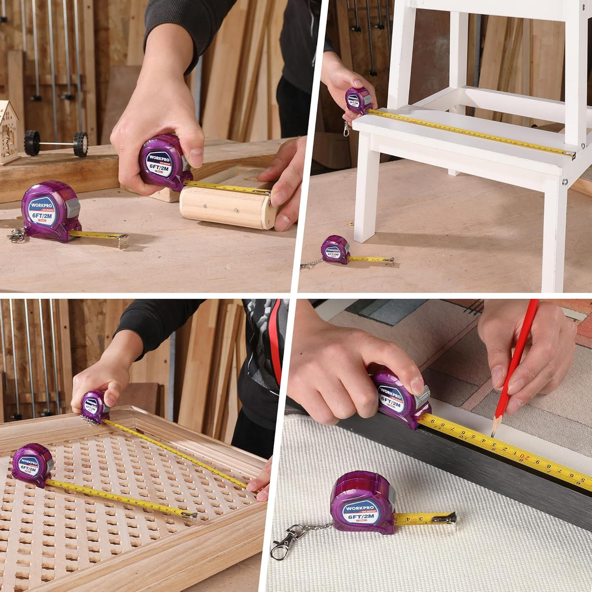 Purple mini tape measure keychain measuring along wood with the yellow tape blade
