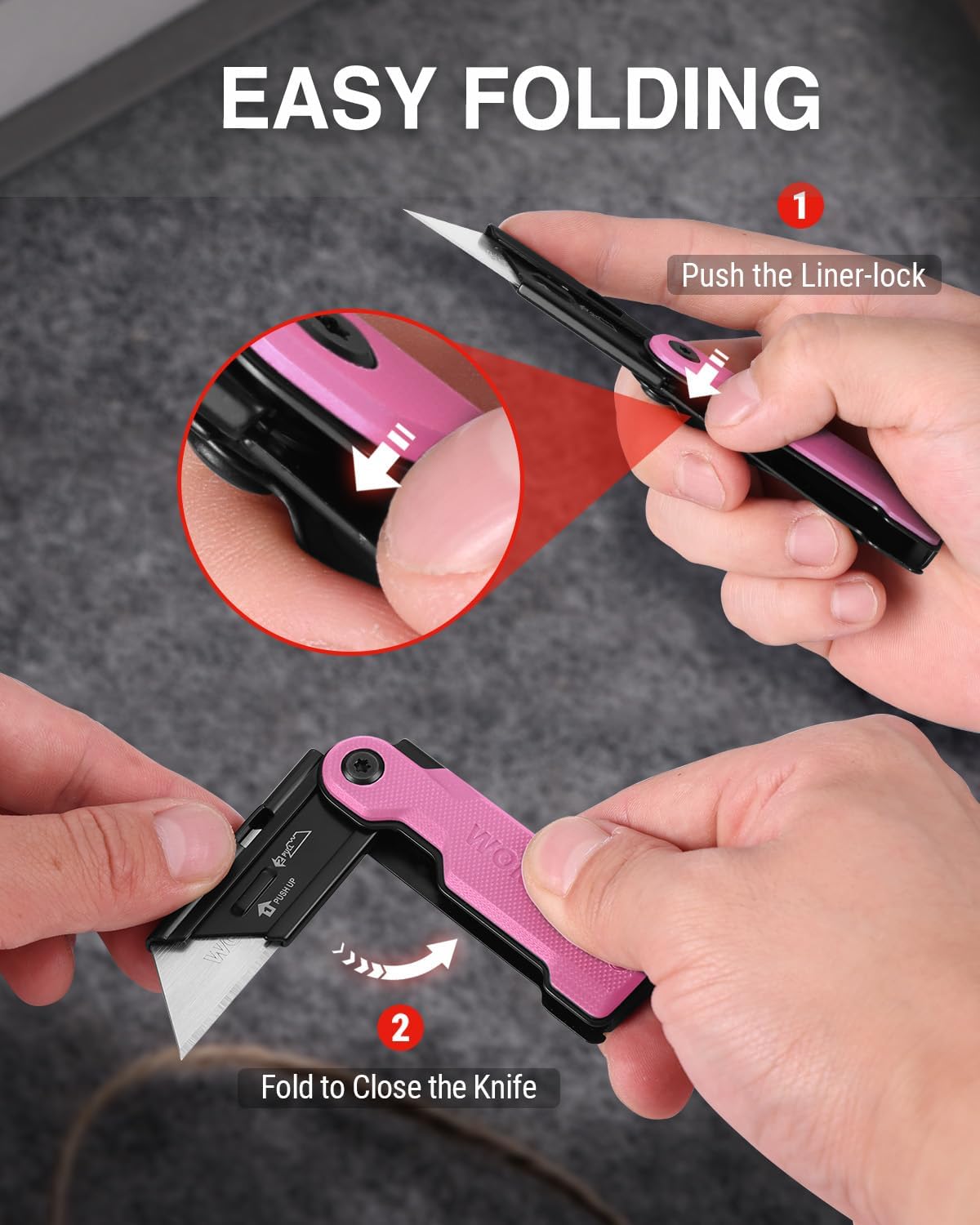 Folding utility knife showing liner-lock folding action, pink and black, in hands.