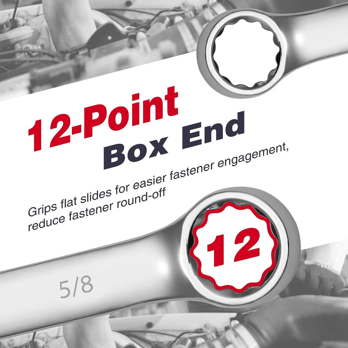 12-point box end combination wrench with round-off engagement, chrome finish