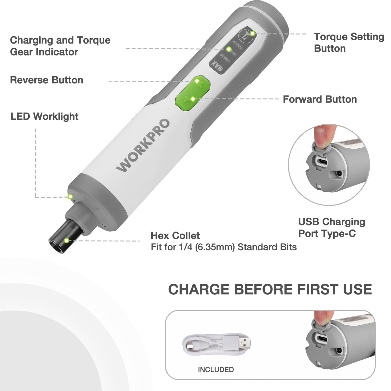 WORKPRO 4V cordless electric screwdriver kit with LED work light, innovation quality and durable secure design