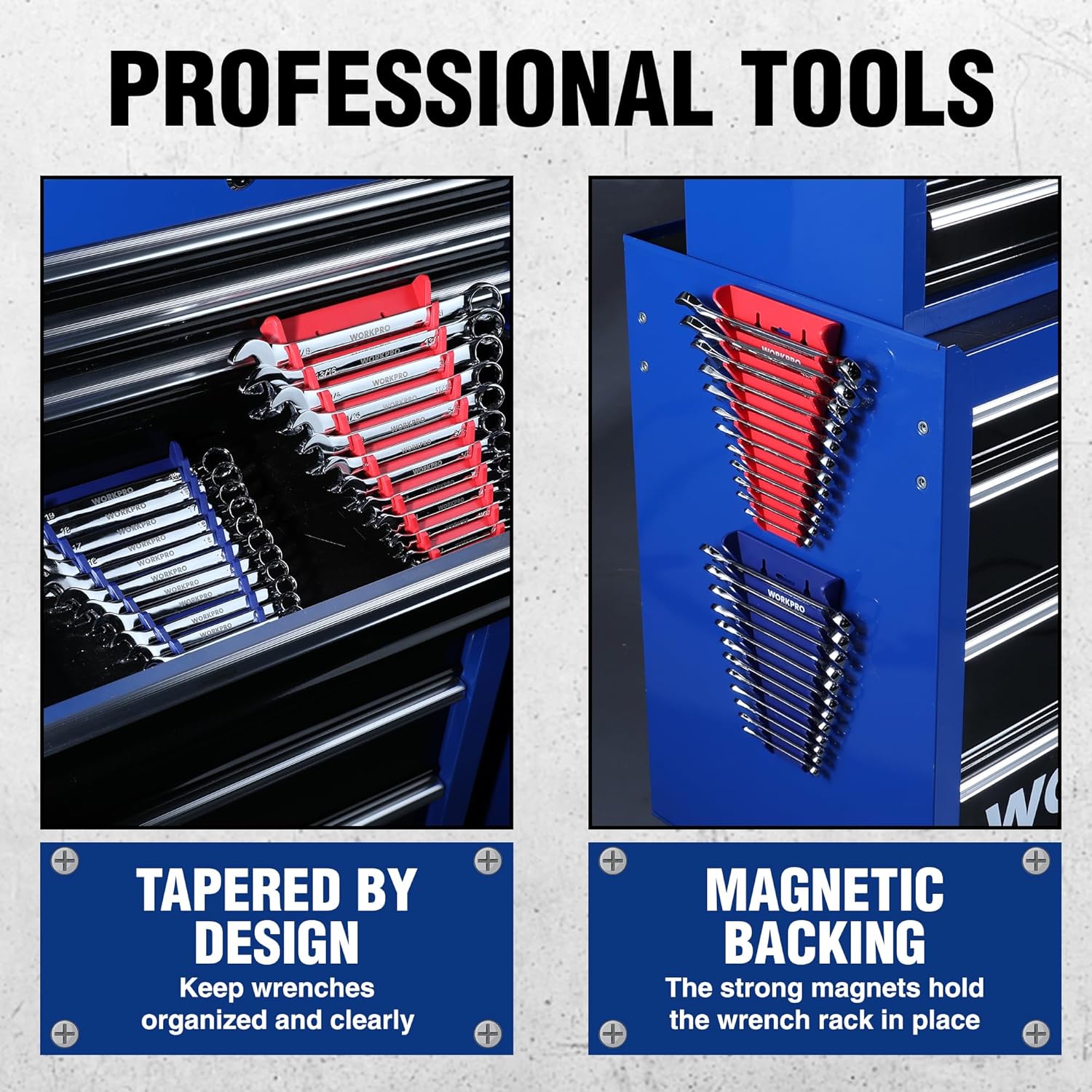 Magnetic wrench rack setup in a drawer with red and blue holders and wrench rows
