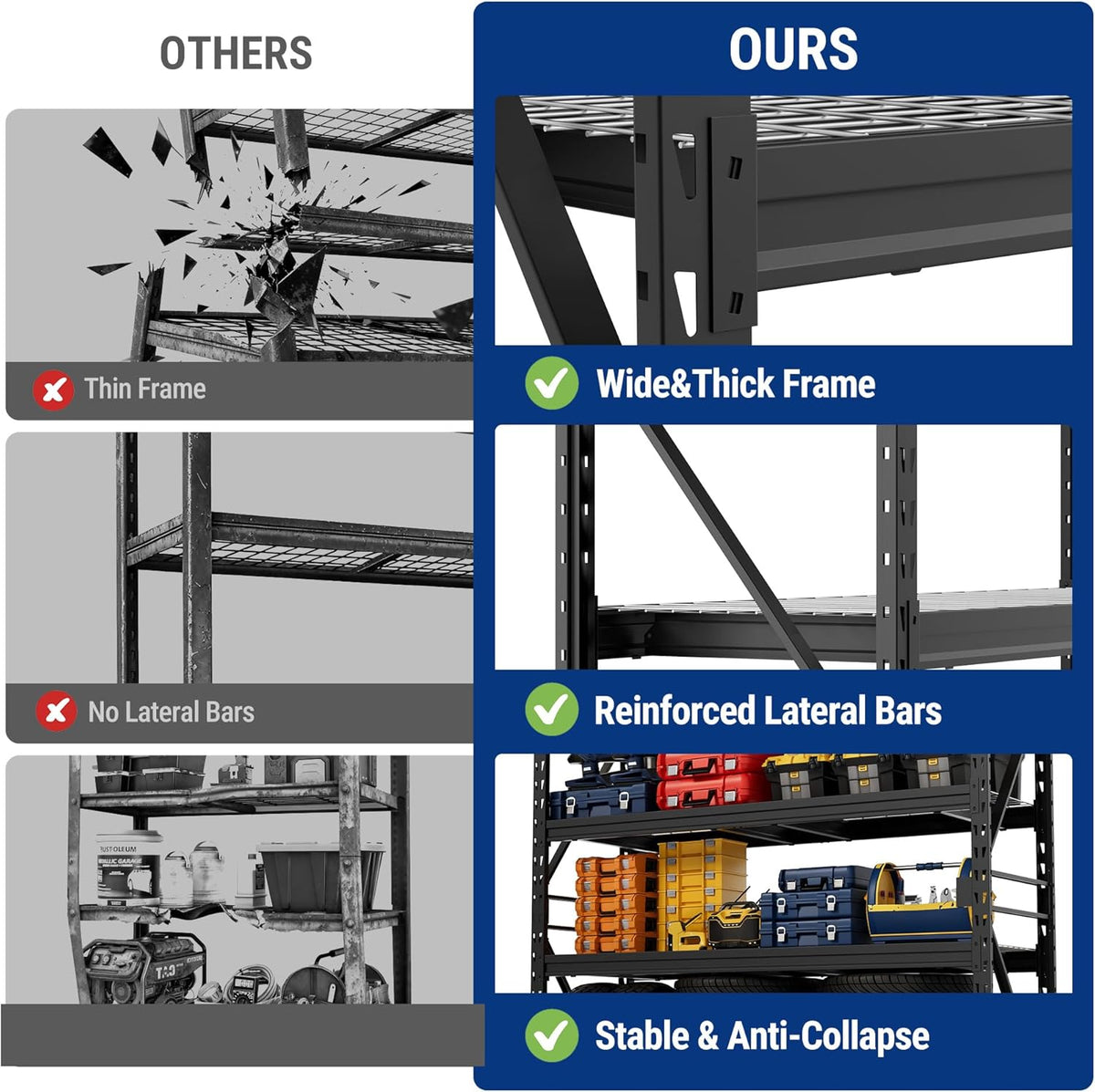 Metal storage rack frame comparison showing reinforced wide-and-thick support
