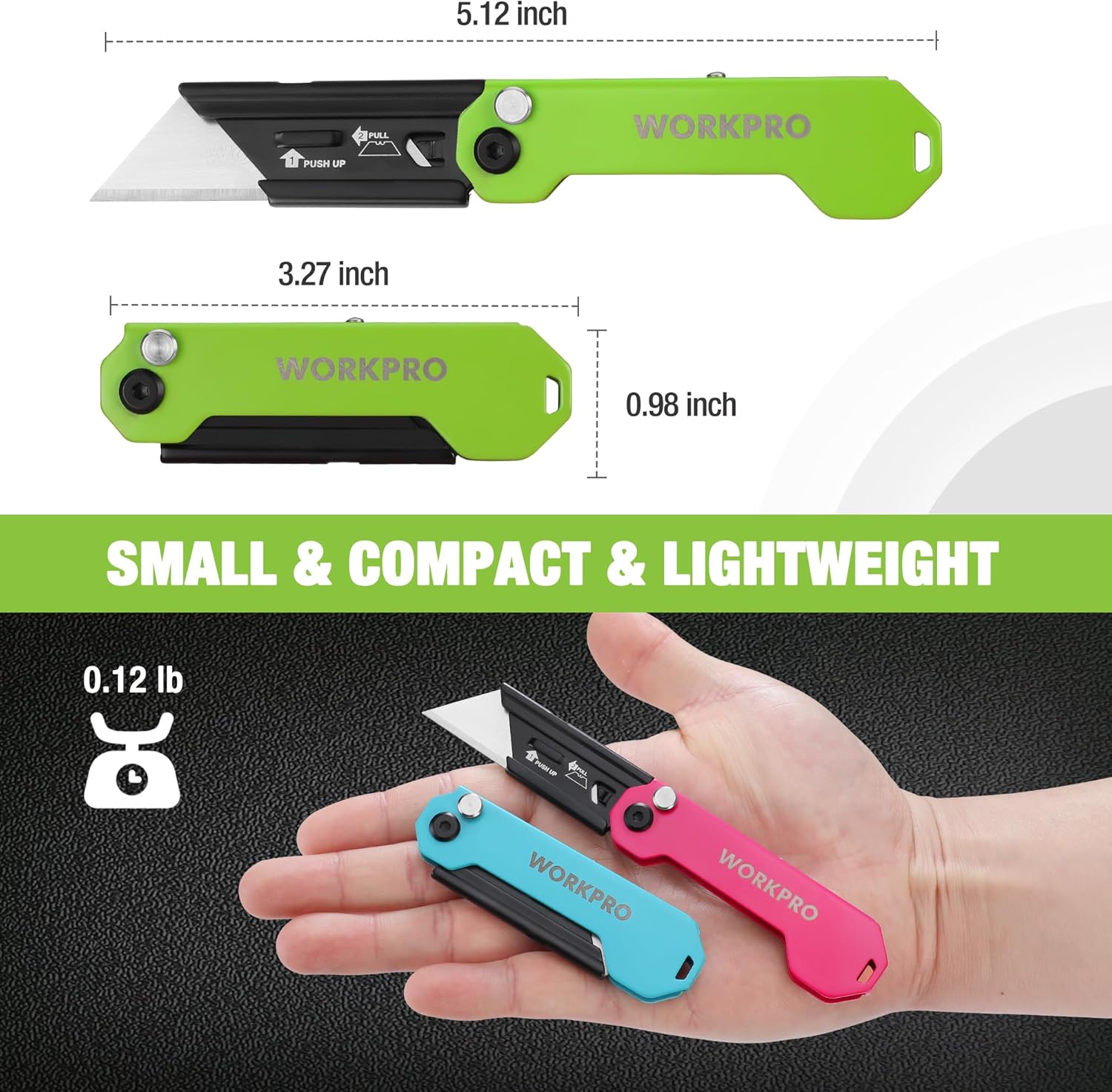 3-pack compact folding utility knives in green, blue, and pink, with small blades