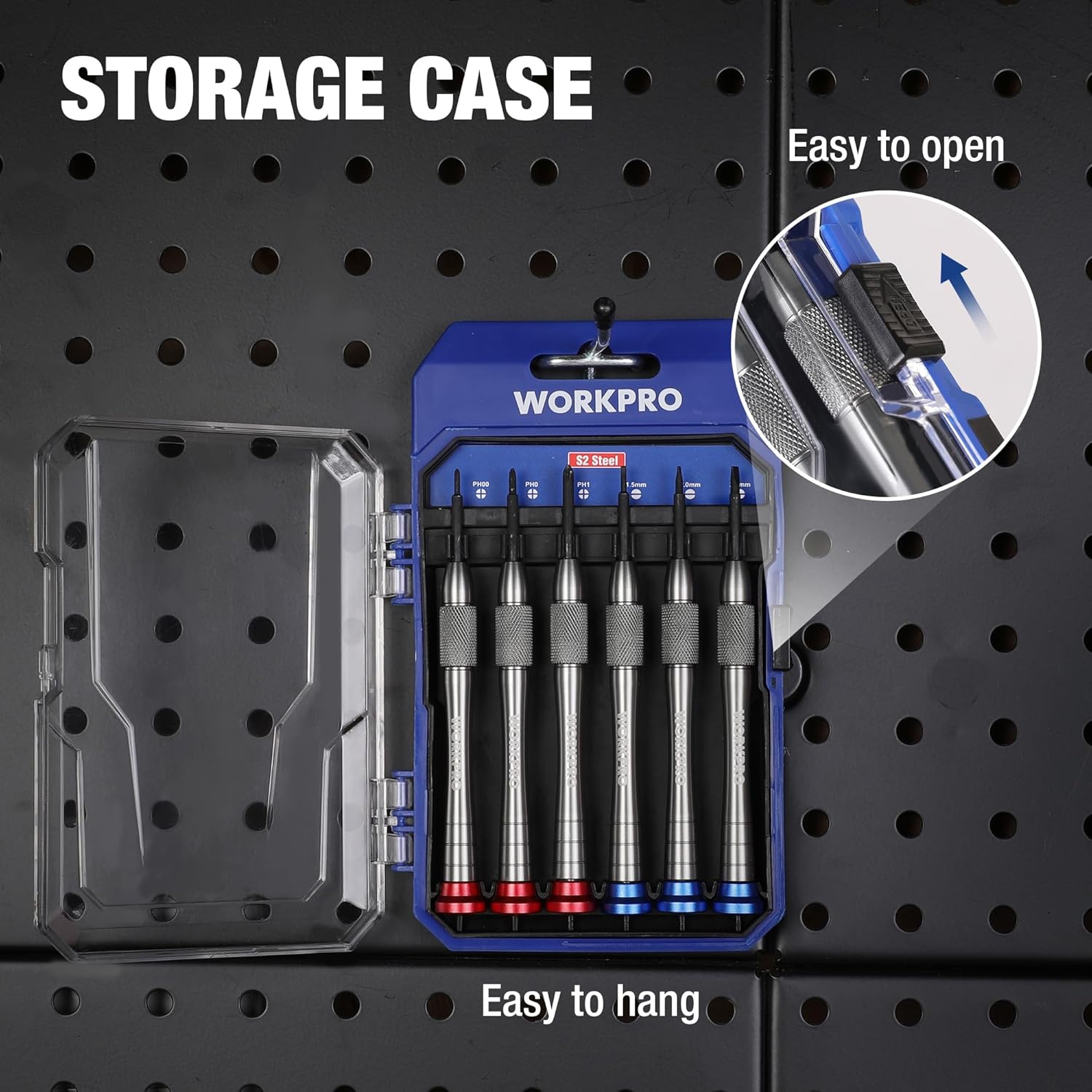 Magnetic screwdriver bit set in blue storage case with six metal tips arranged in slots
