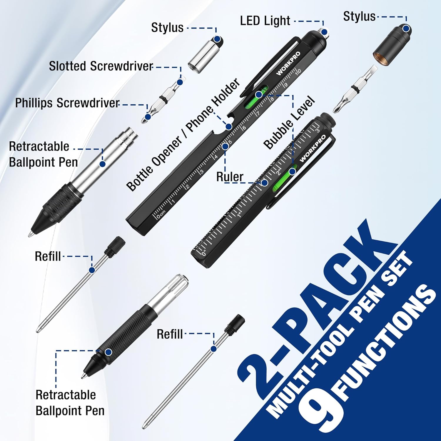 Black 9-in-1 multi-tool pen with stylus, LED light, screwdrivers, opener, ruler, level