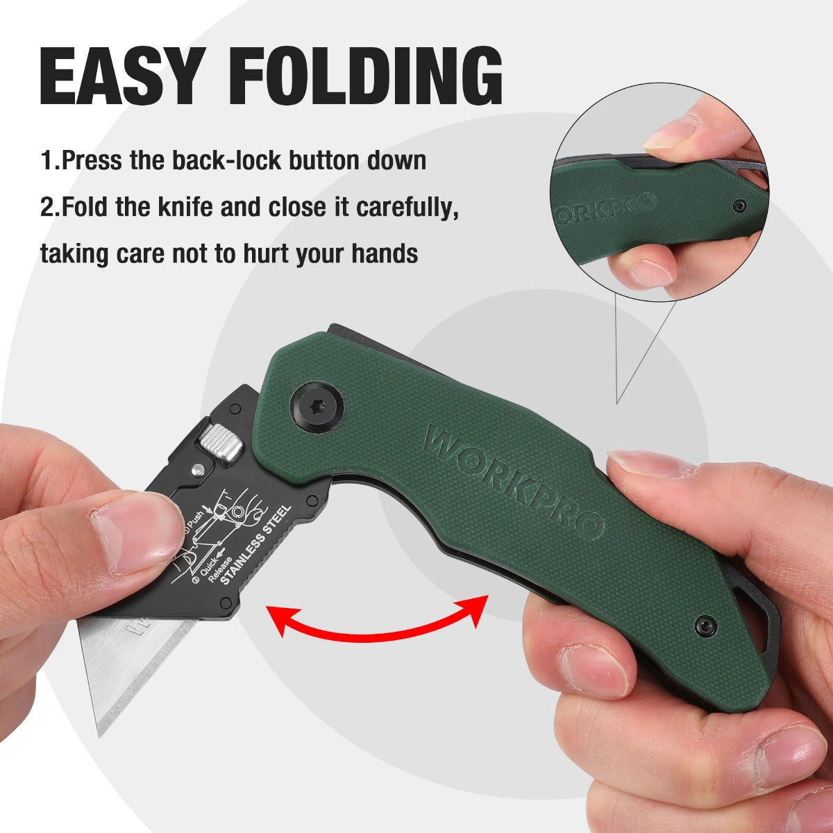 Green G10 folding utility knife close-up held in hands, showing lock area