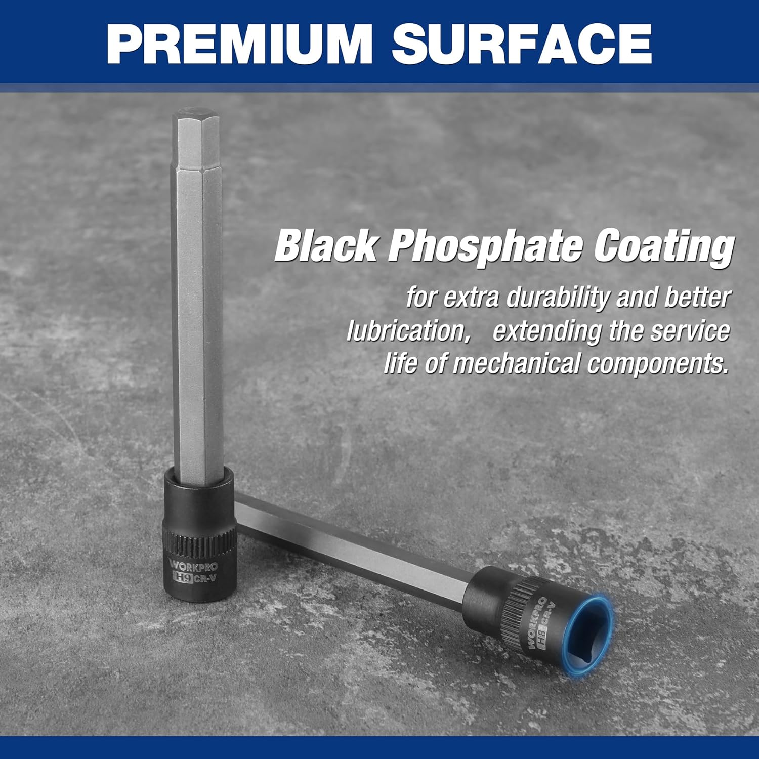 3/8 in drive long hex bit socket with dark phosphate-coated socket end