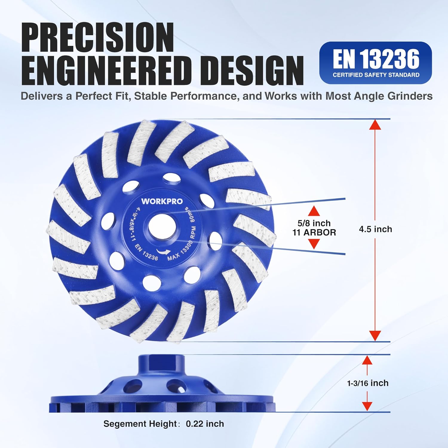 Blue WORKPRO diamond cup grinding wheel, 4.5-inch size, 1-3/16-inch height
