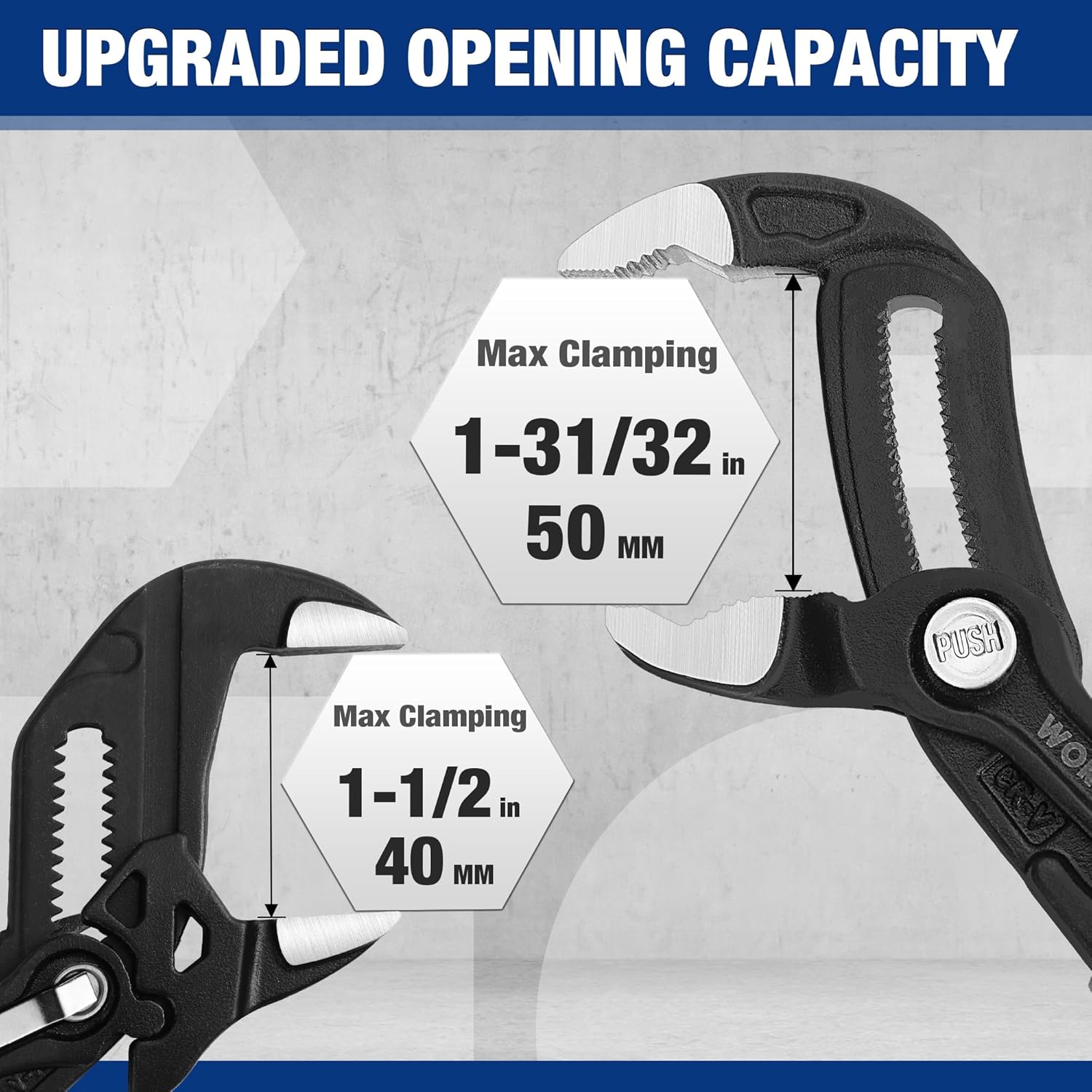 Adjustable groove-joint pliers with black jaws and ergonomic handle with blue accents