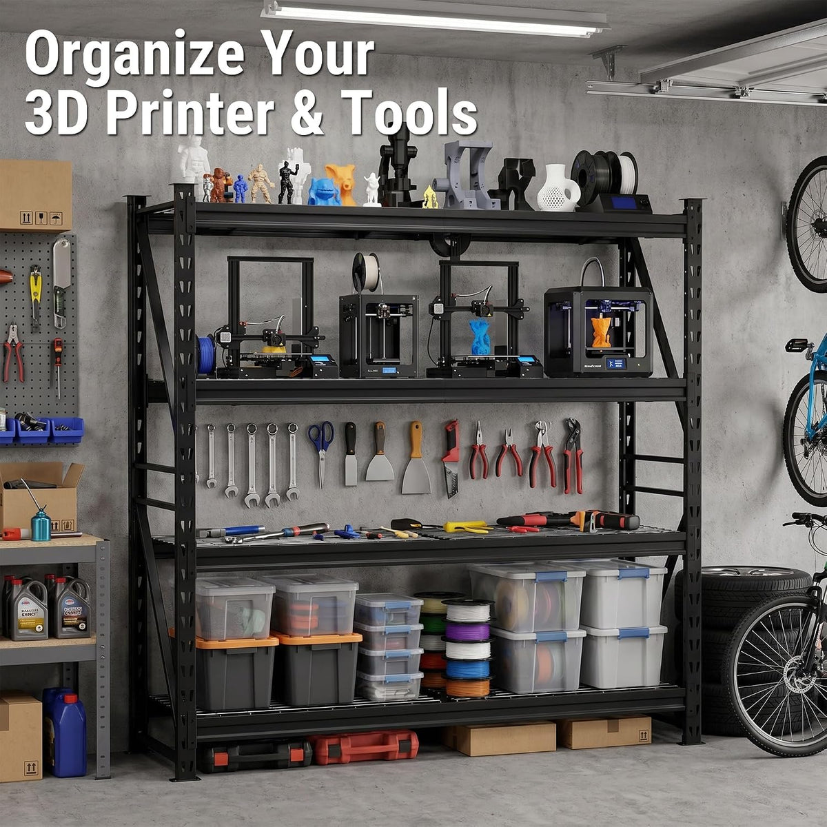 Black multi-tier metal storage rack for tools, bins, and containers in a workshop