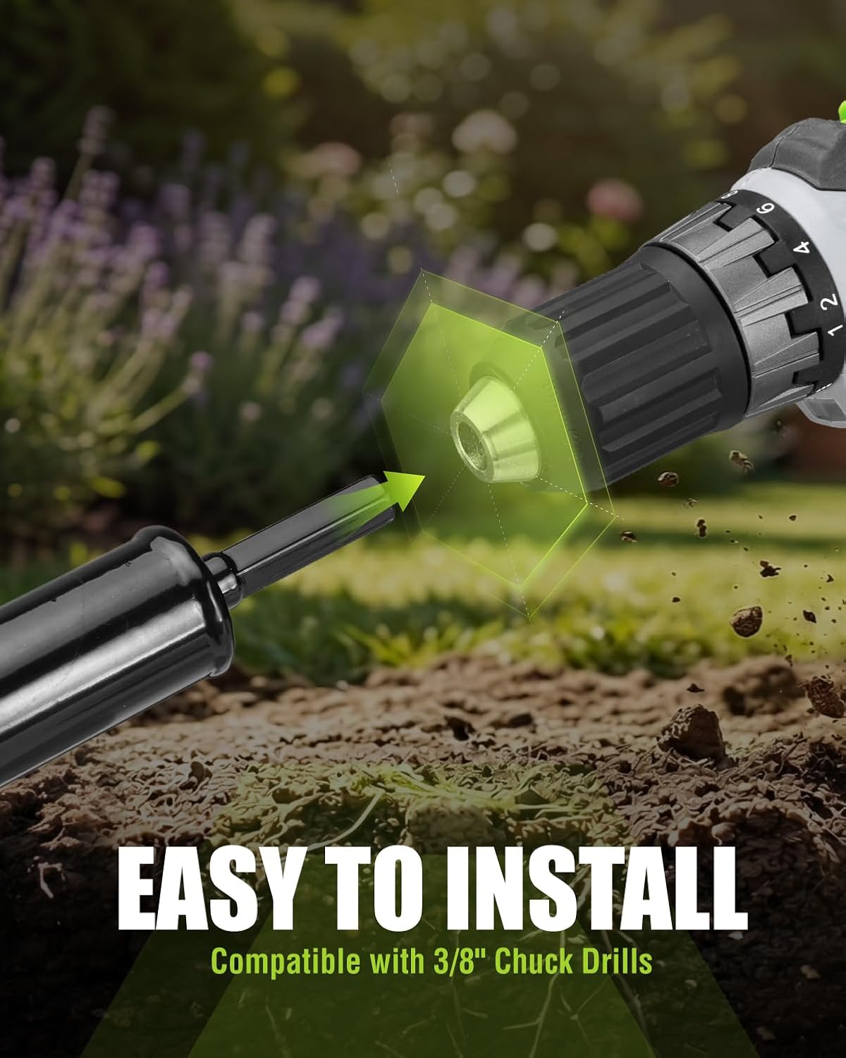 Black spiral auger bit with hex drive shank attached to a drill for digging