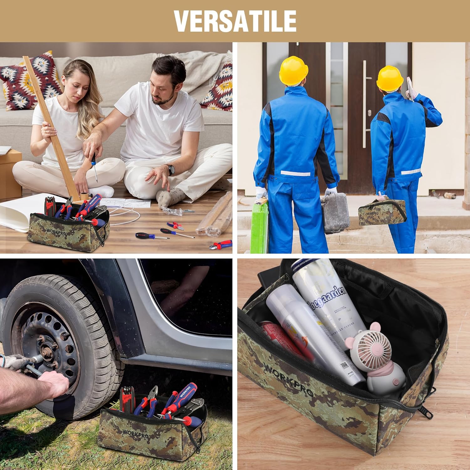 Camo utility tool organizer bag with zip top; holds assorted tools and accessories
