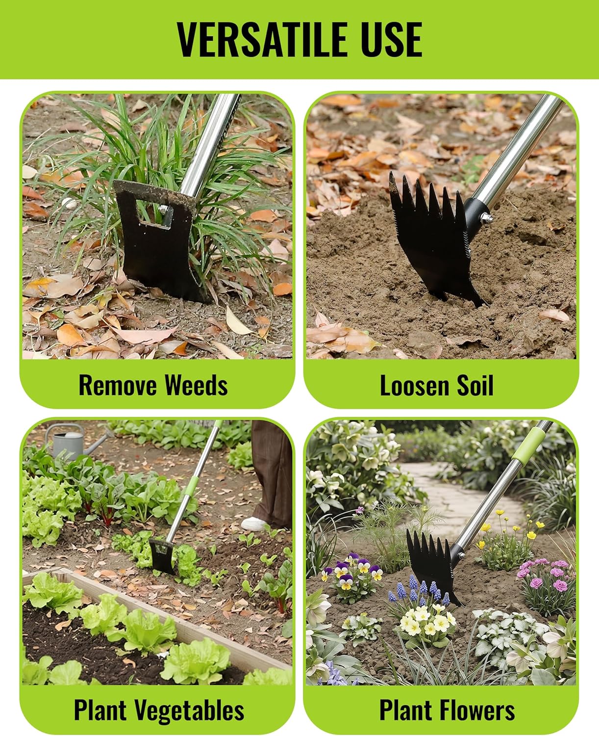 Versatile weed puller tool with rake hoe head for removing weeds and loosening soil