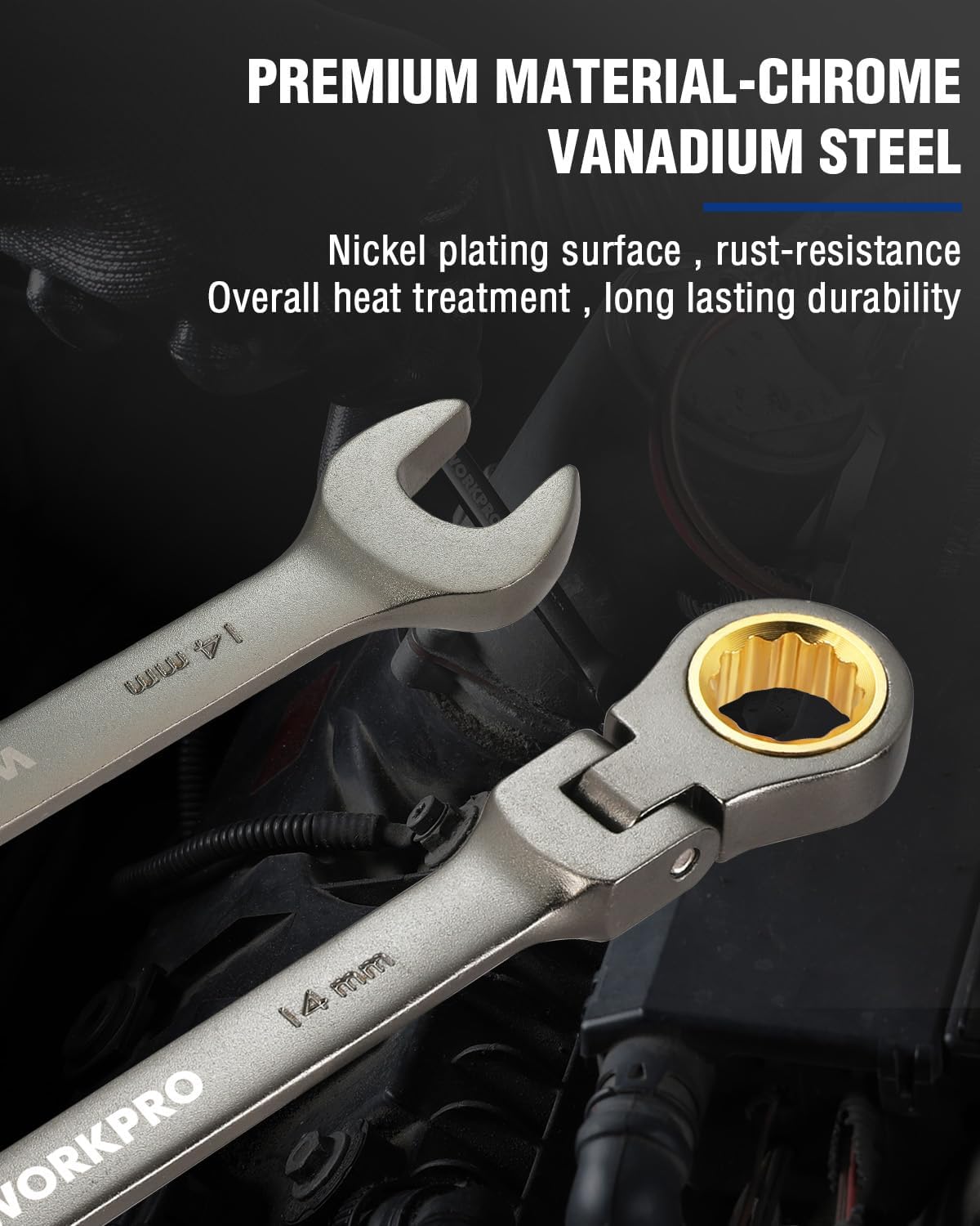 14 mm flex-head ratcheting wrench with open end and 12-point nickel-plated box
