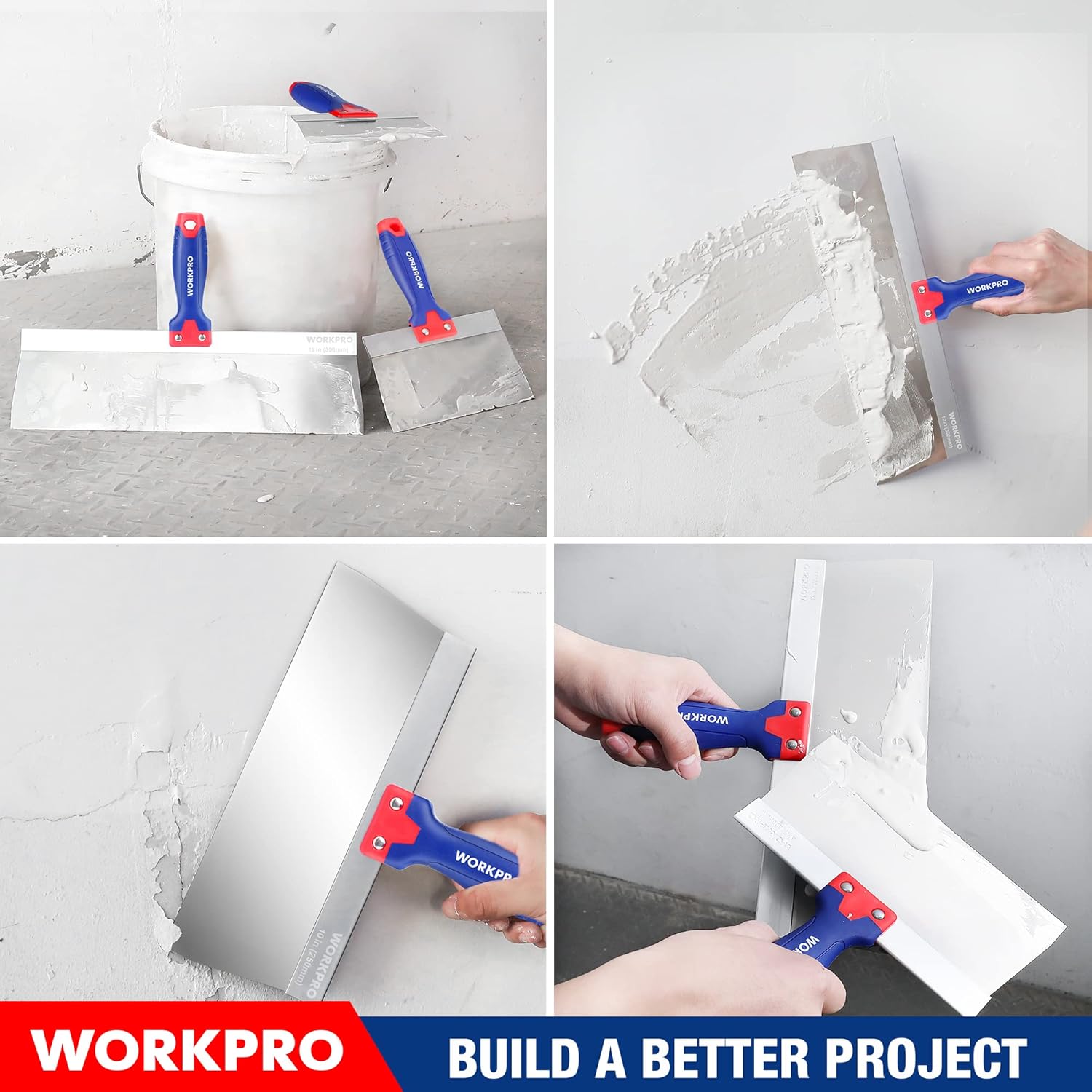 Drywall taping knife set for finishing seams and applying compound with blue-and-red blades