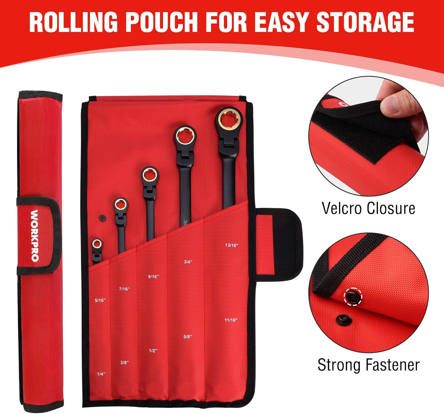 Red rolling pouch with velcro closure holding five black flex-head ratcheting wrenches