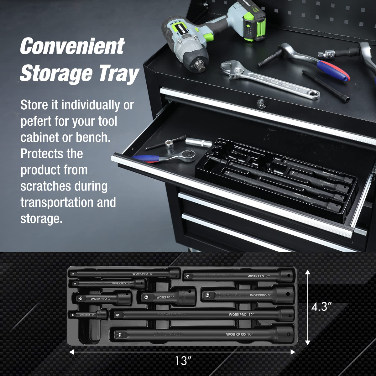 Extension bar set stored in a convenient tray with individual slots