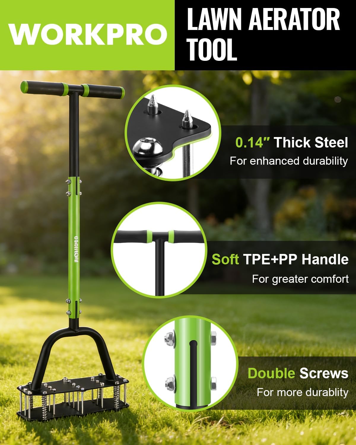 WORKPRO lawn aerator tool with green stem and black spike base, T-handle grip