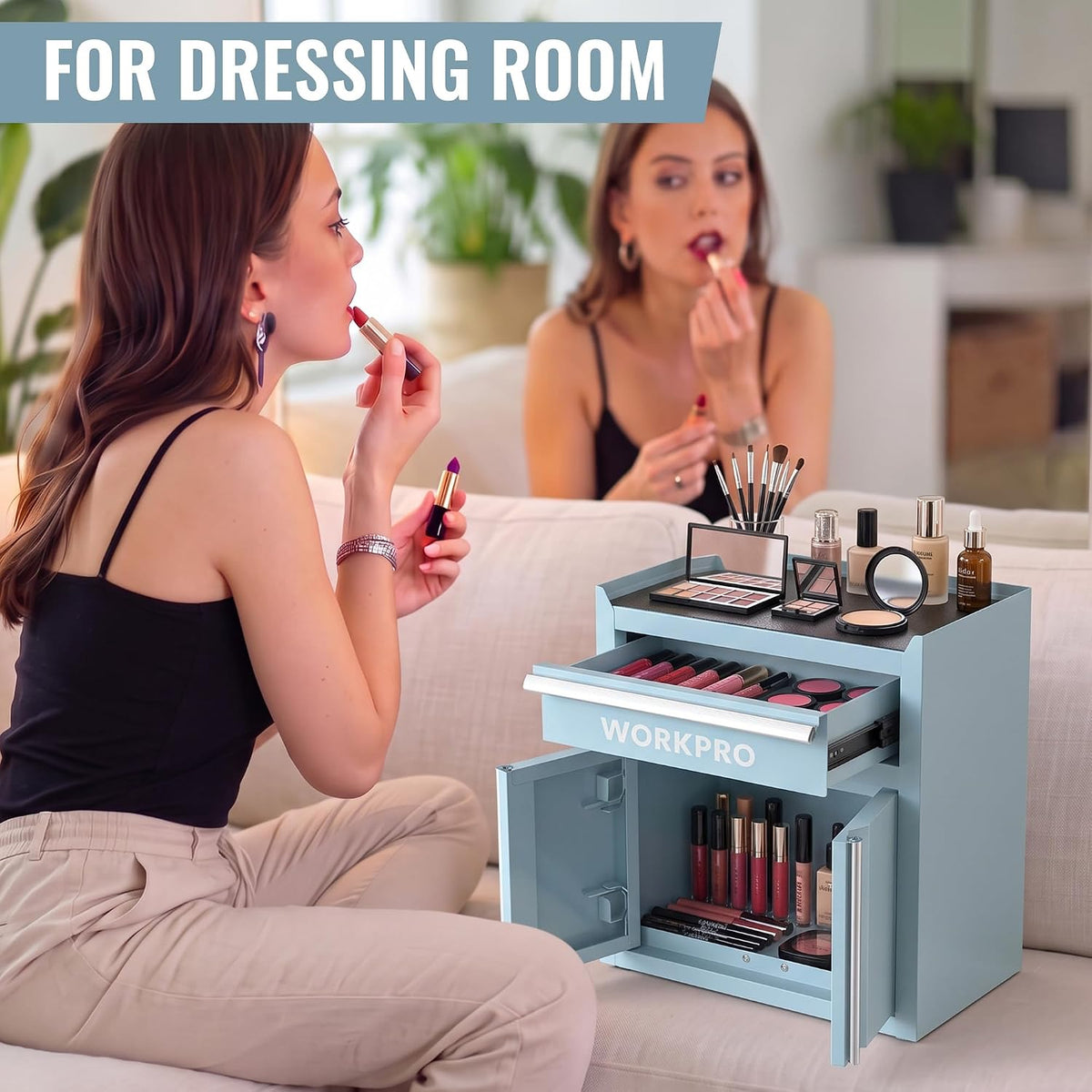 Workpro mini tool box in gray metal, shown as a compact organizer for cosmetics and beauty tools