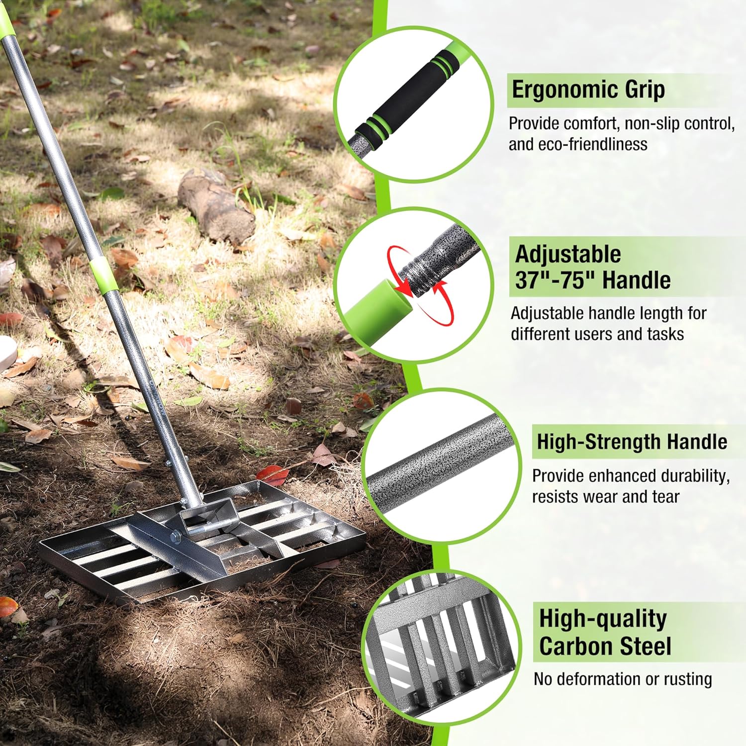 Lawn leveling rake with comfort grip handle and adjustable length section