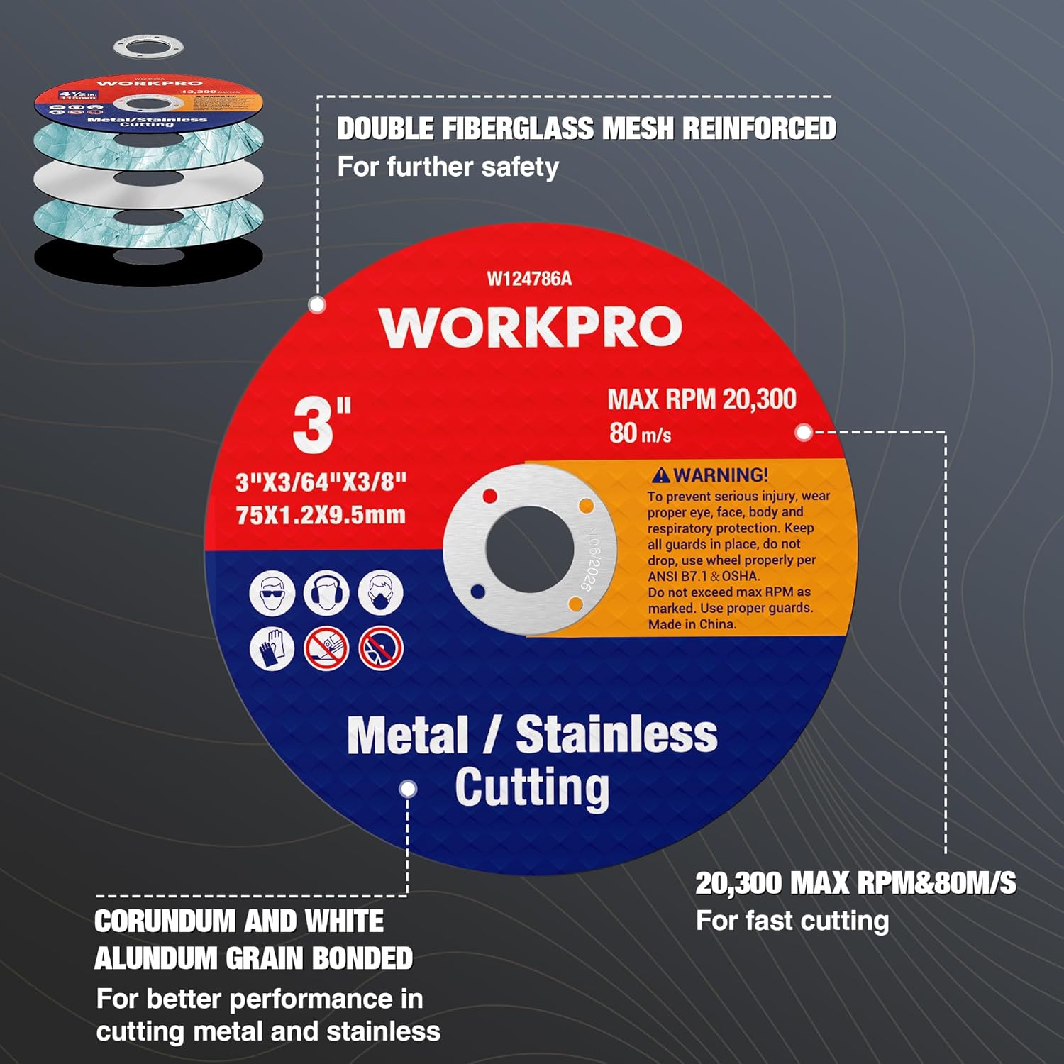 WORKPRO metal and stainless cutting wheel, 3-inch diameter disc with label