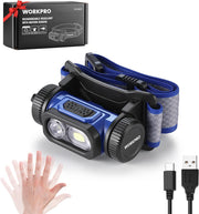 Blue and black rechargeable LED headlamp with adjustable strap and front spotlight